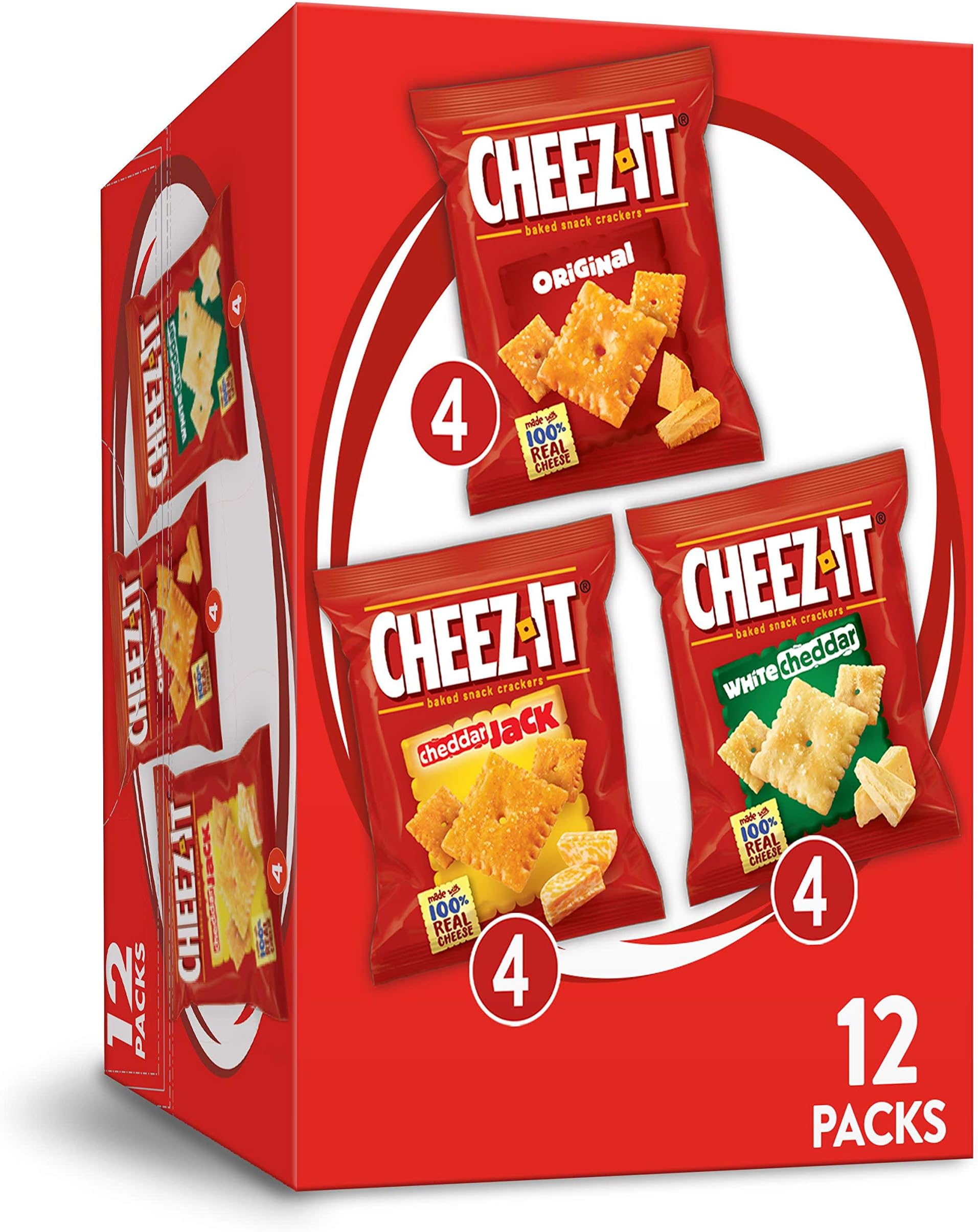 Cheez-It Baked Snack Cheese Crackers, Variety Pack, Original, White Cheddar, Cheddar Jack, 1.02 oz Bags (12 Count)