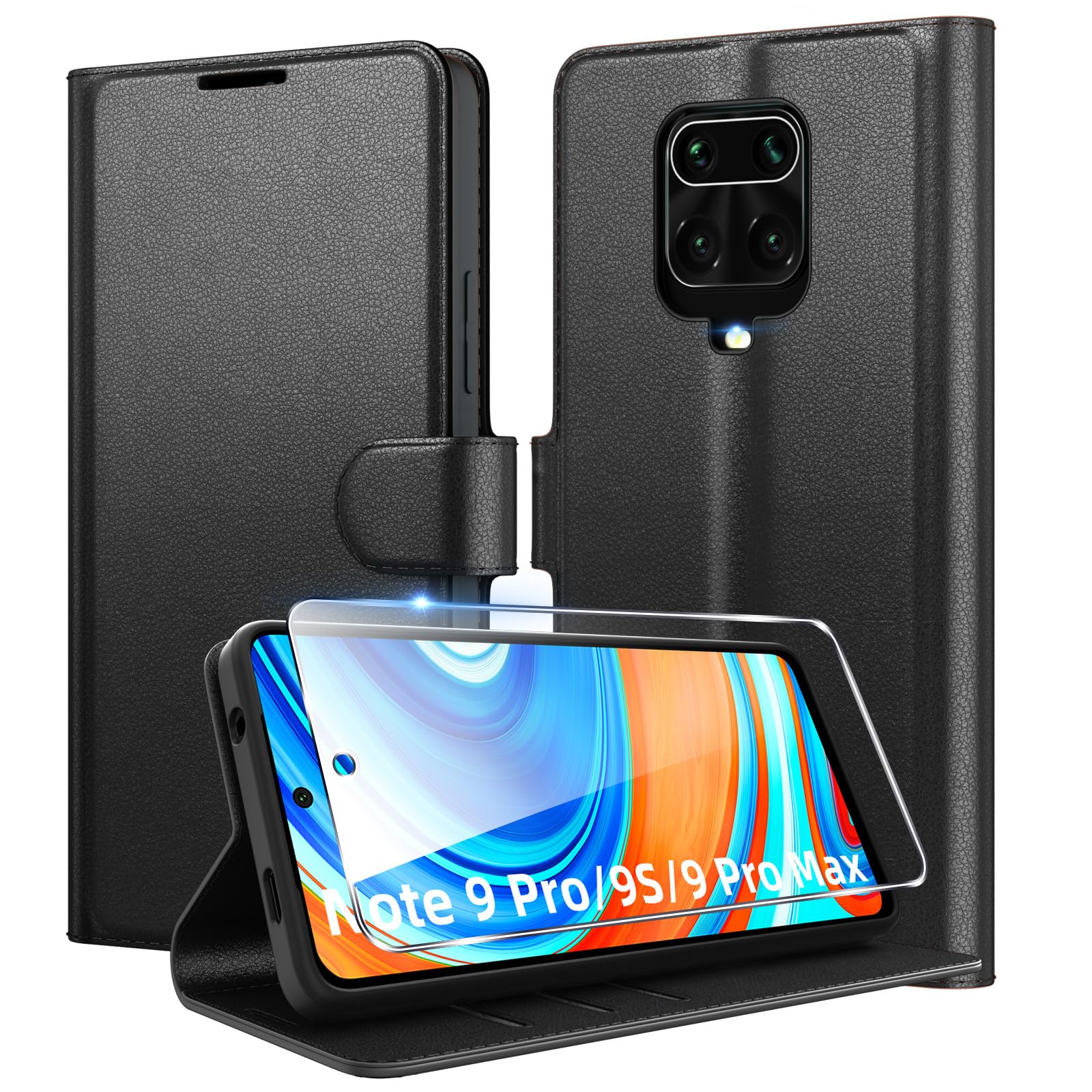 Eirltiy Cover per Xiaomi Redmi Note 9 Pro/9S/9 Pro Max Portafoglio Pelle PU Premium, Custodia Scomparti Carte Antiurto Protettiva Case con 1 Vetro Temperato, Nero