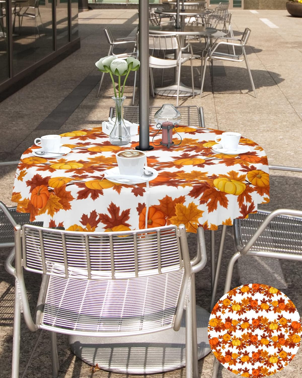 Fall Tablecloth with Umbrella Hole and Zipper Fall Leaves Pumpkin Round Outdoor Tablecloths 54 Inch Waterproof Table Cloths Autumn Harvest Patio Table Cloth Cover for Fall Thanksgiving Picnic Garden