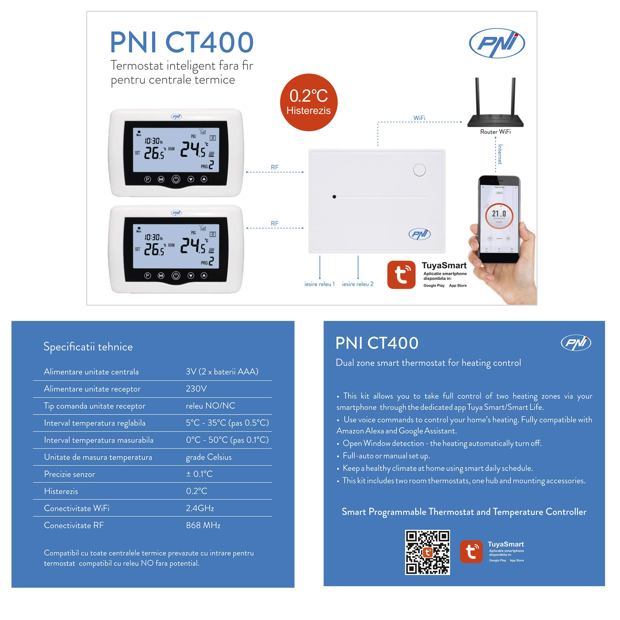 Thermostat intelligent PNI CT400 sans fil, avec WiFi, contrôle 2 zones via Internet, pour centrales thermiques, pompes, électrovannes, APP TuyaSmart, hystérésis 0,2 ° C