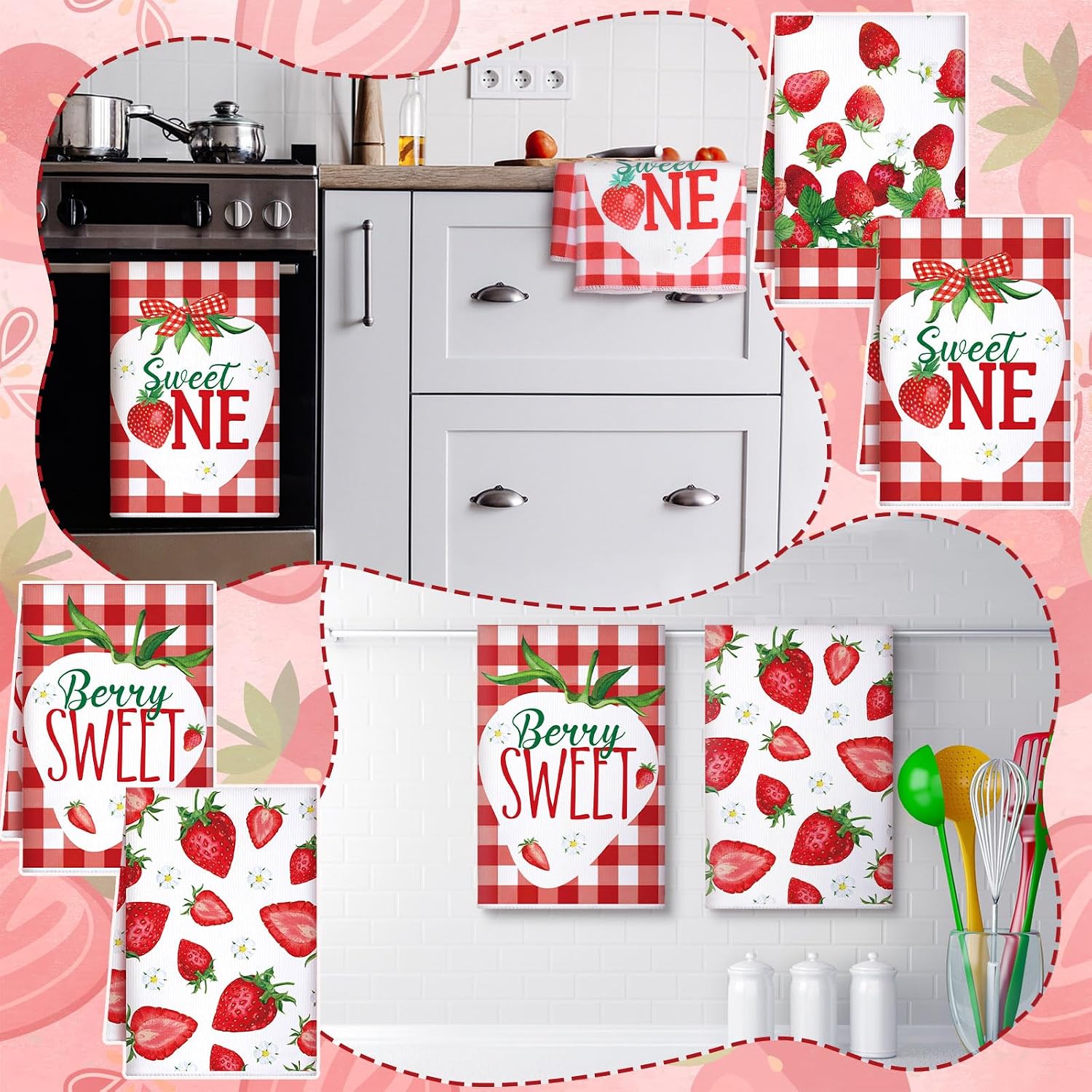 Bencailor 4 Pcs Strawberry Kitchen Towels Summer Berry Hand Dish Towels Absorbent White Red Grid Tea Towel Fast Drying Housewarming Gift for Kitchen Bathroom Holiday Summer Strawberry Party Decor