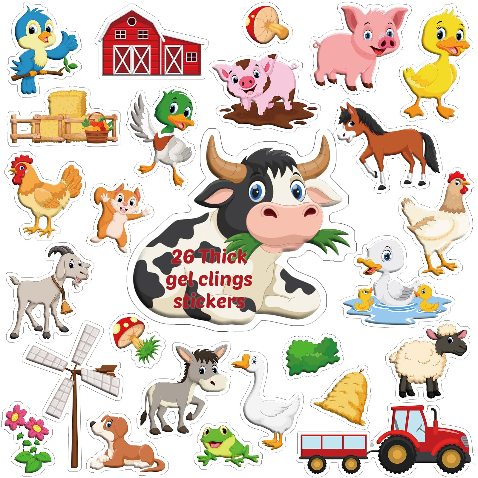 Seenelling 26 Pcs Farm Animal Gel Clings Thick Farm Window Gels Decals Reusable Animal Sticker Removable Jelly Cow Chicken Pig Duck Stickers