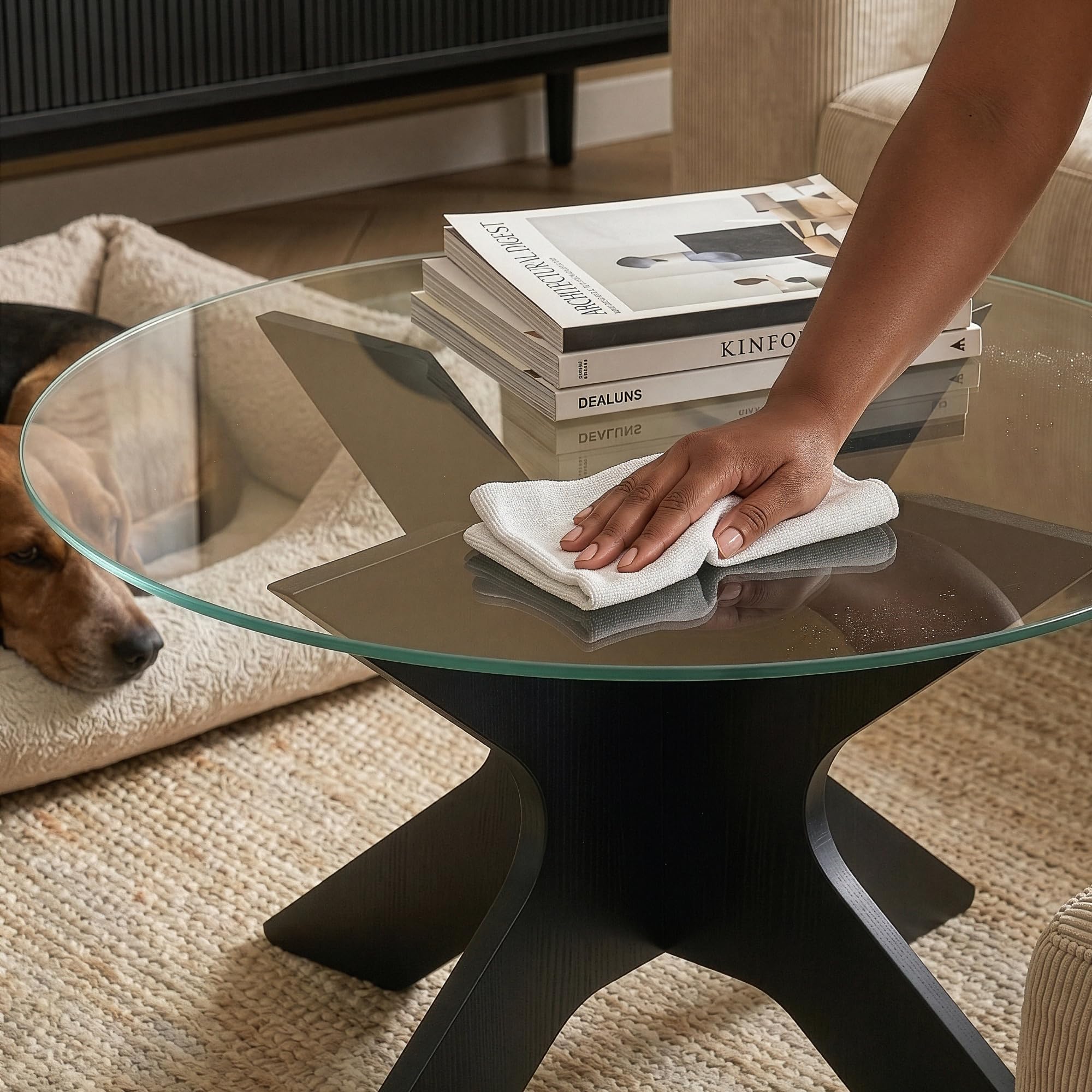 [en.casa] Tavolino da Salotto con Piano Rotondo in Vetro Fumé Temperato Tavolo Basso Centrale da Caffè Ø70 x 35 cm per Soggiorno Living Studio - Grigio/Effetto Legno Nero