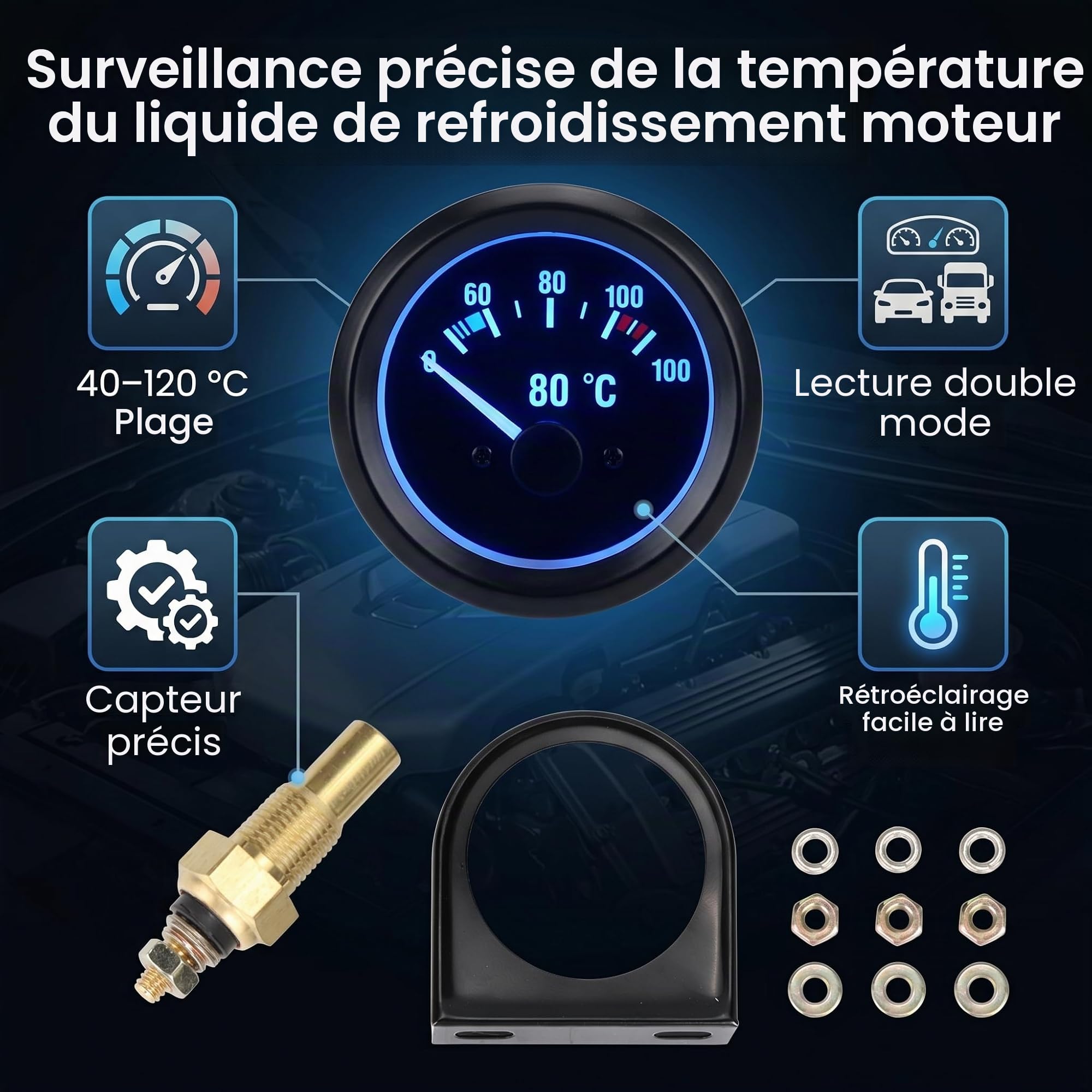 Jauge de Température de L'eau Numérique LED pour Voiture, 52mm 2 Pouces, Instrument de Tableau de Bord
