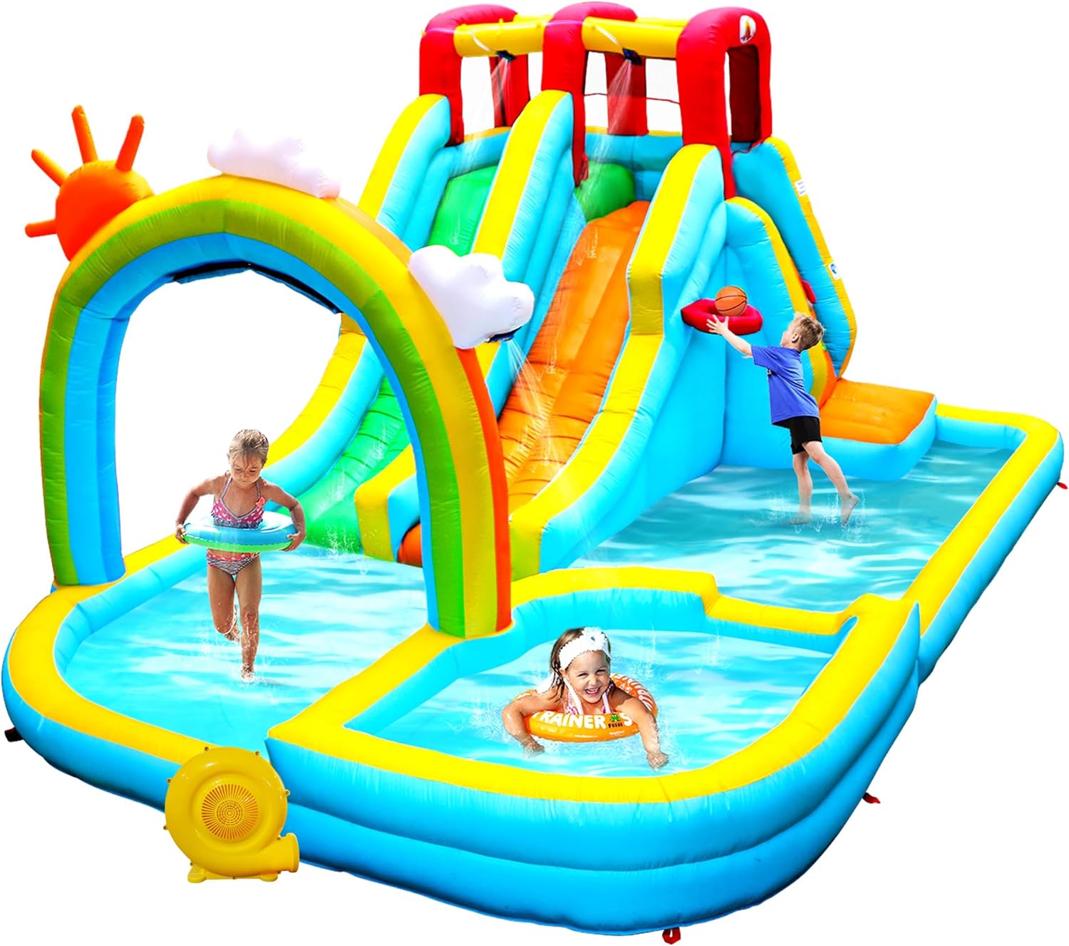 WELLFUNTIME Inflatable Water Double Slides Park with Blower, Bouncy Castle with Rainbow Water Curtain, with Shooting and Rock Climbing