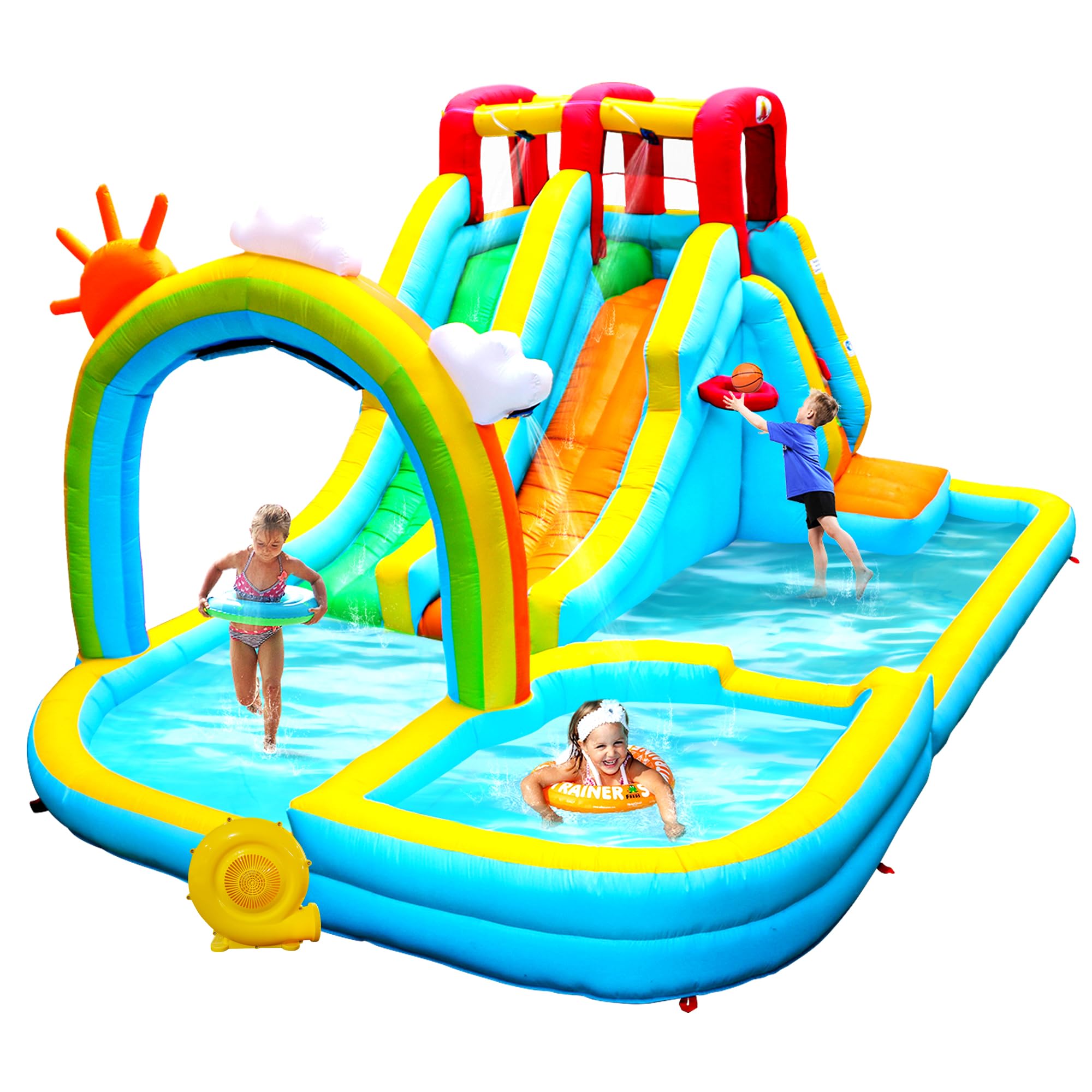 Inflatable Water Double Slides Park with Blower, Bouncy Castle with Rainbow Water Curtain, with Shooting and Rock Climbing