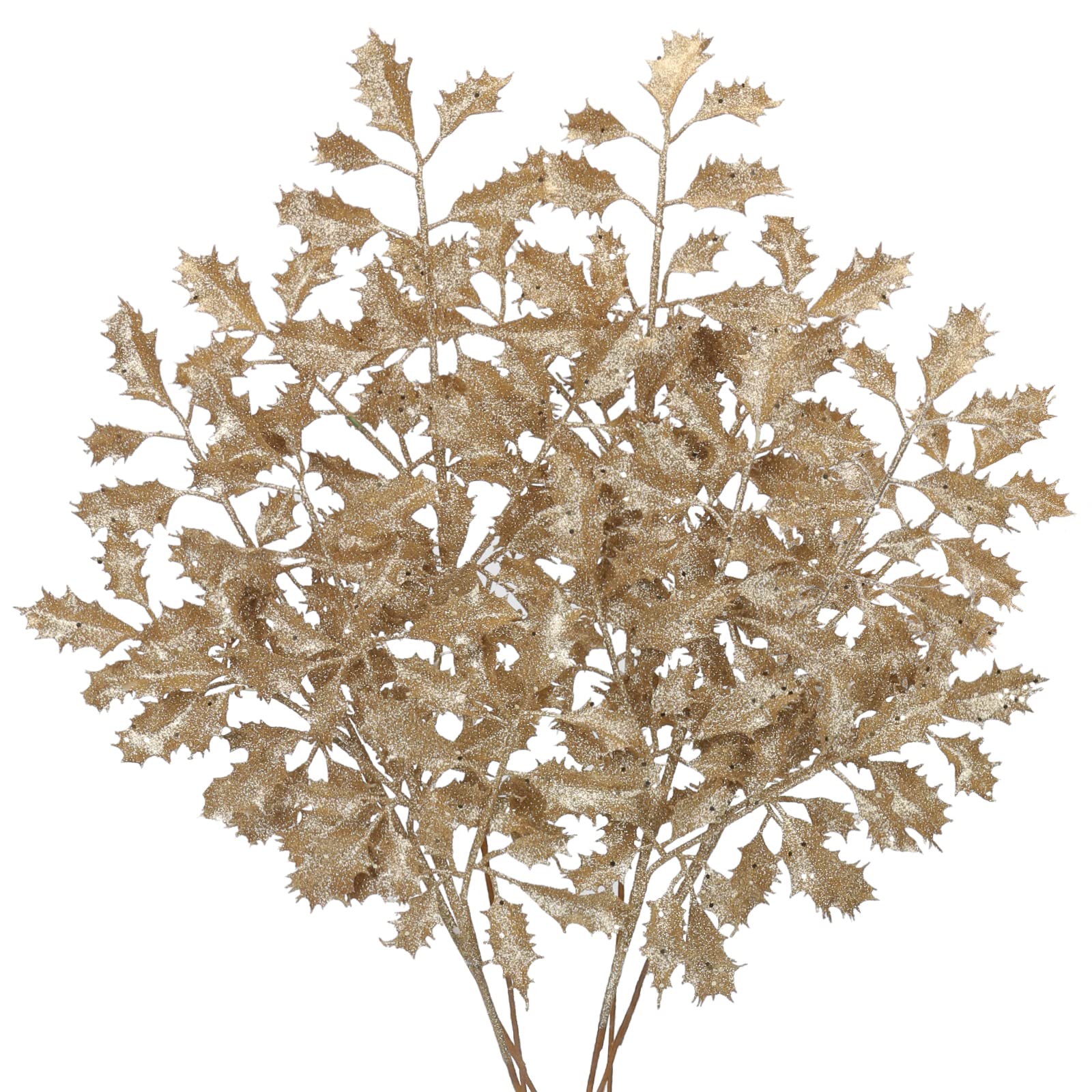 6Pcs Christmas Glitter Holly Leaves Picks - Rose Gold Artificial Leaf Stems For Tree & Wreath Decor - View #11