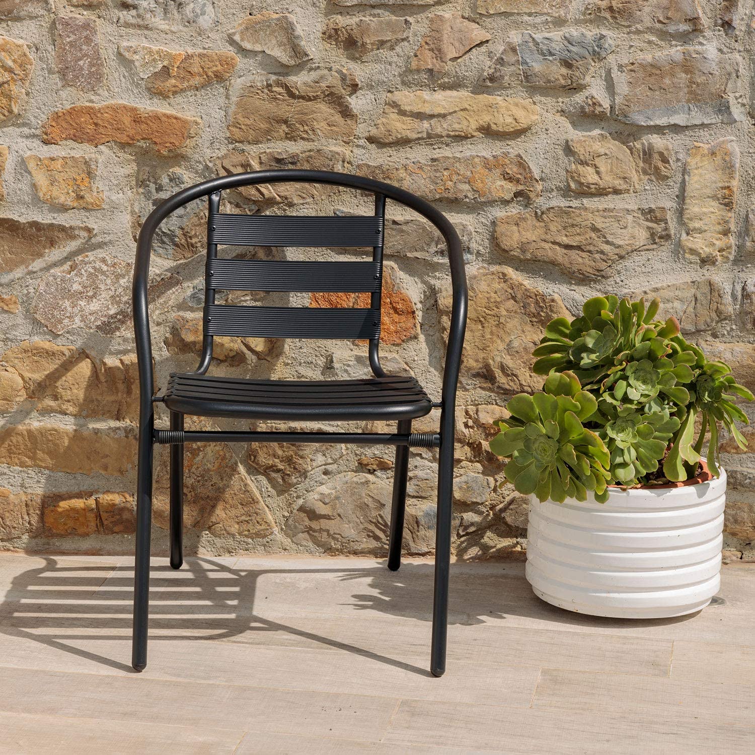 Baroni Home Set Sedie da Giardino, Sedie da Esterno per Giardino, Terrazza, Balcone, Veranda, Piscina, in Metallo, Sedie Impilabili, Colore Nero, 2 Pezzi 56x55x75 cm