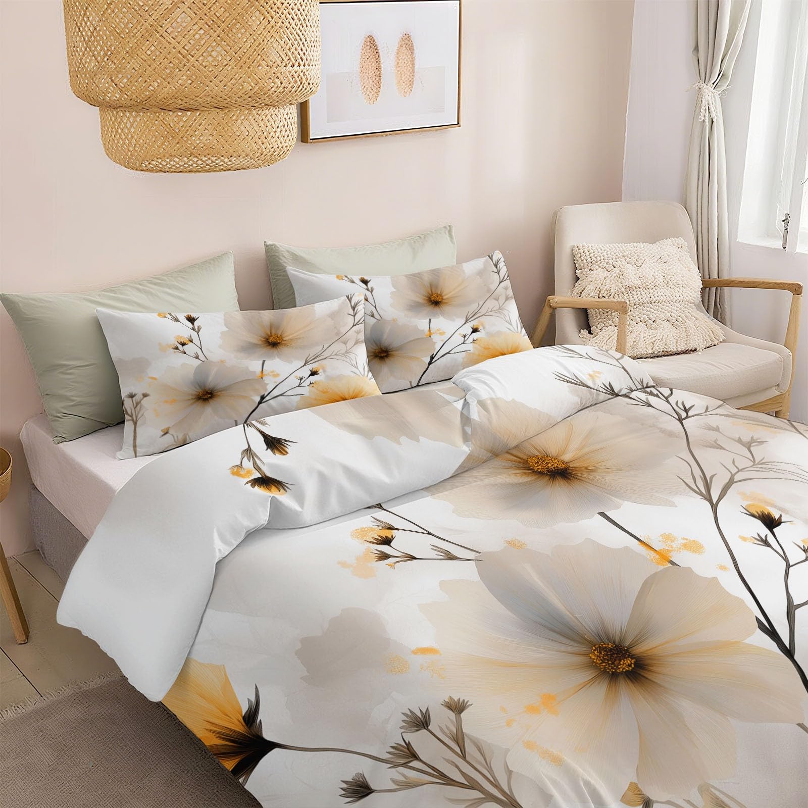 Bardzo miękki i wygodny zestaw pościeli 260 x 220 cm, dwustronne, eleganckie, miękkie kwiaty, dmuchawce, zestaw pościeli super king, można prać w pralce, białe poszewki na kołdrę z 2 poszewkami na