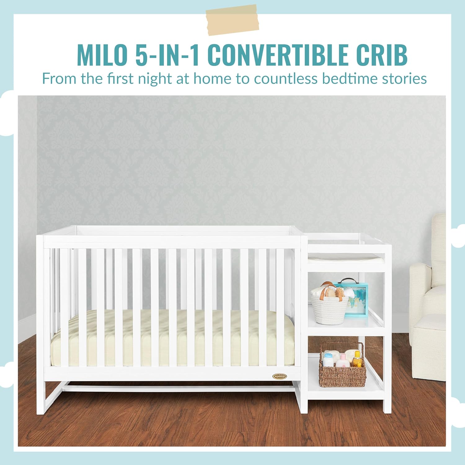 Dream On Me Milo 5-in-1 Convertible Full-Size Baby Crib & Changer with Storage, White, GreenGuard Gold & JPMA, 3 Mattress Heights, 1″ Mattress Pad, Converts to Toddler, Day & Full-Size Bed