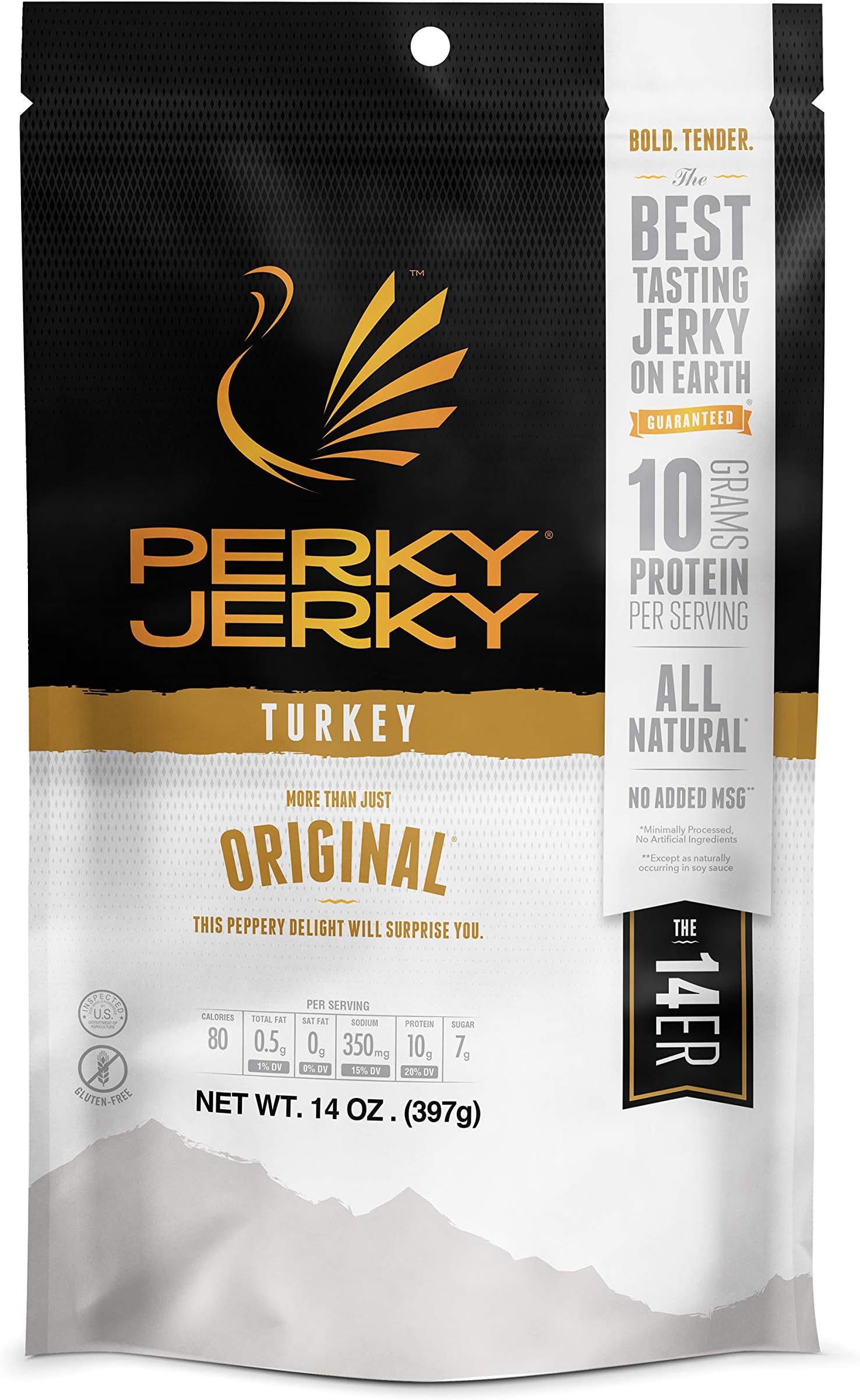 - Perky Jerky Original Turkey Jerky, 14oz - Low Sodium - 10g Protein per Serving - Low Fat - 100% U.S. Sourced - Handcrafted, Tender Texture and Bold Flavor