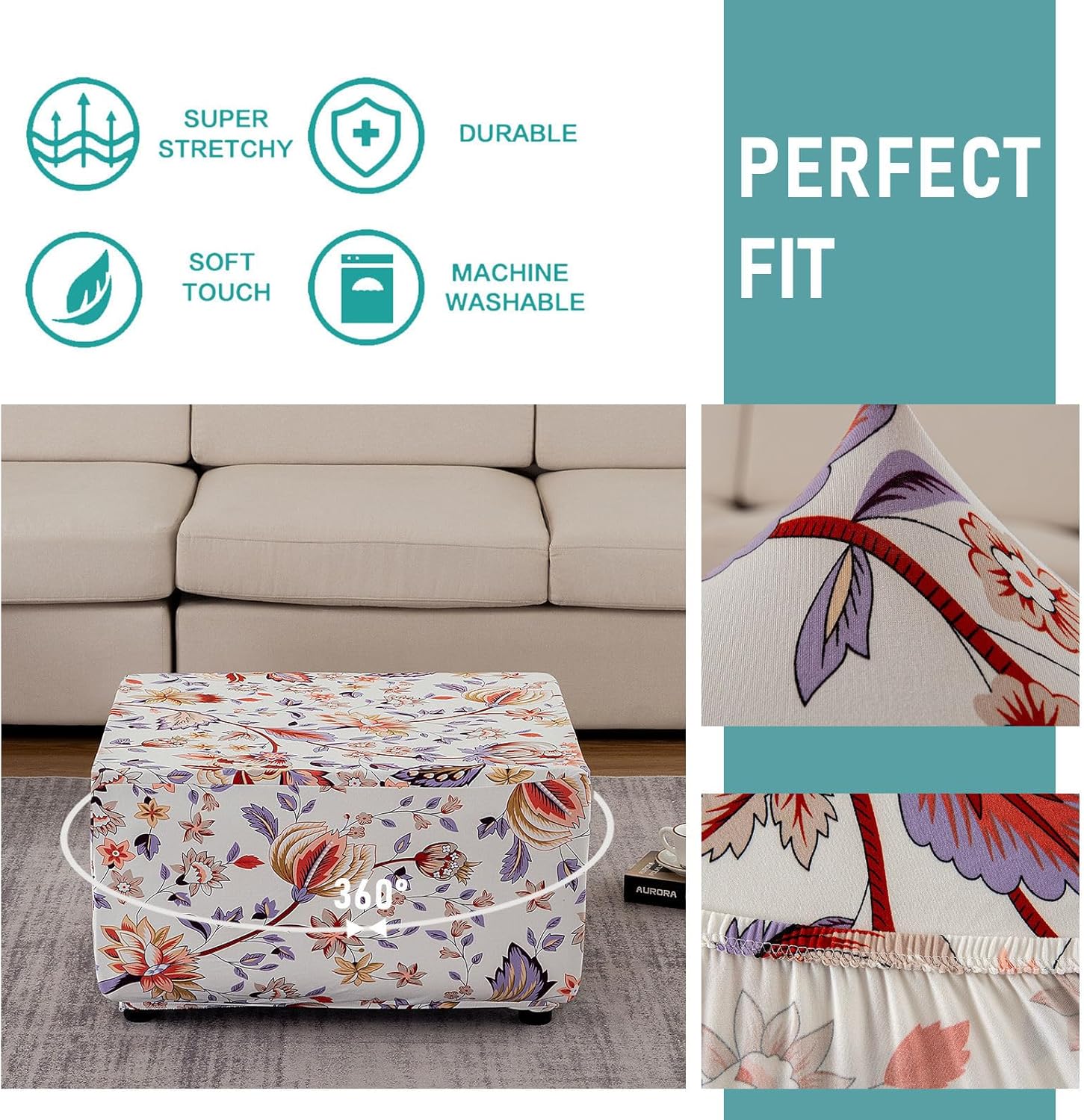 Ottoman Cover Rectangle, 1 Piece Ottoman Slipcovers Printed Spandex Ottoman Covers Slipcover Washable Footrest Stool Covers for Dogs Cats-Q-X-Large