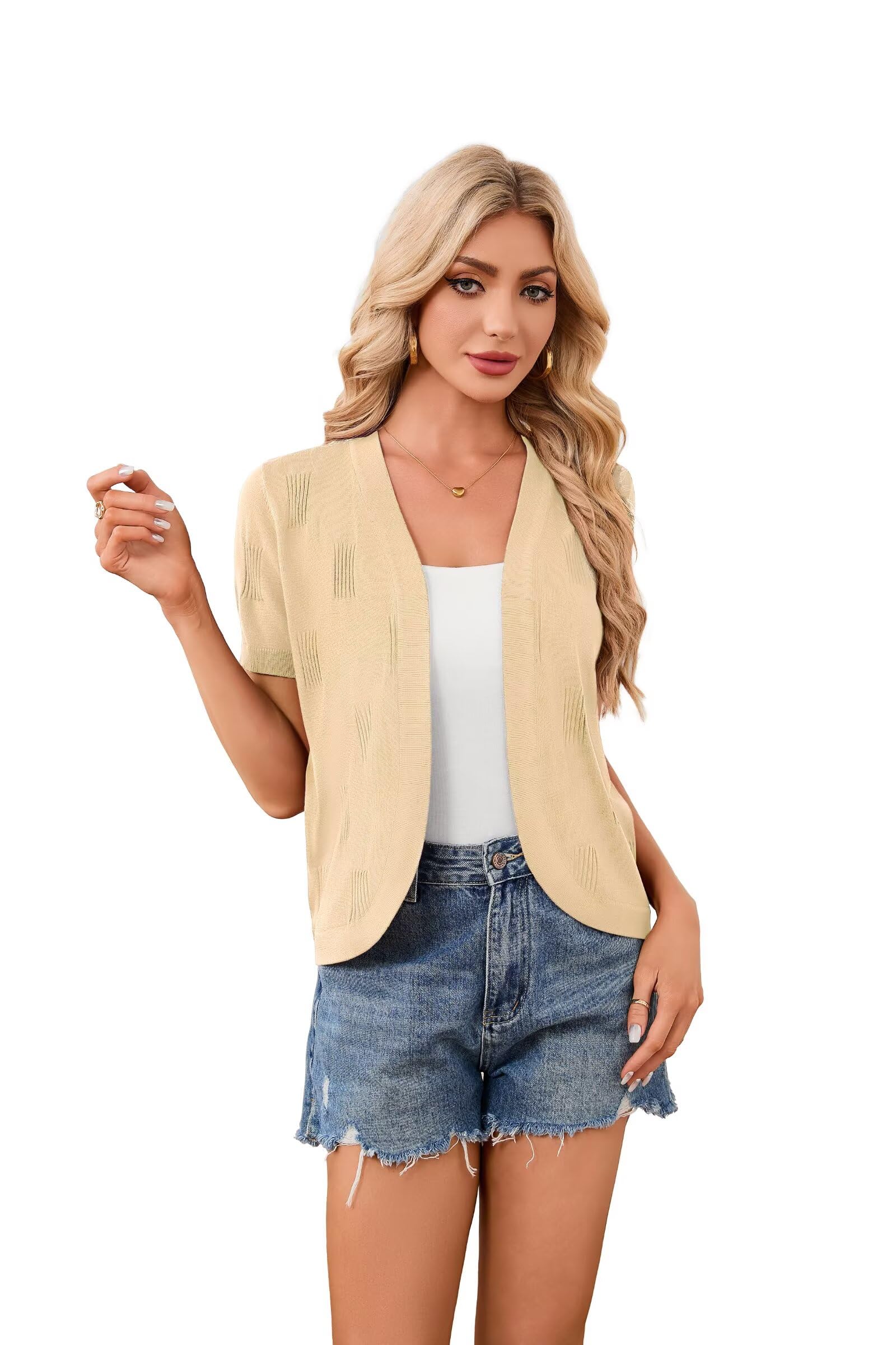 Cardigan estivo da donna, a maniche corte, elegante, scollo a V, corto, leggero, traspirante, aperto, a maniche lunghe, estivo, bolero, S-2XL