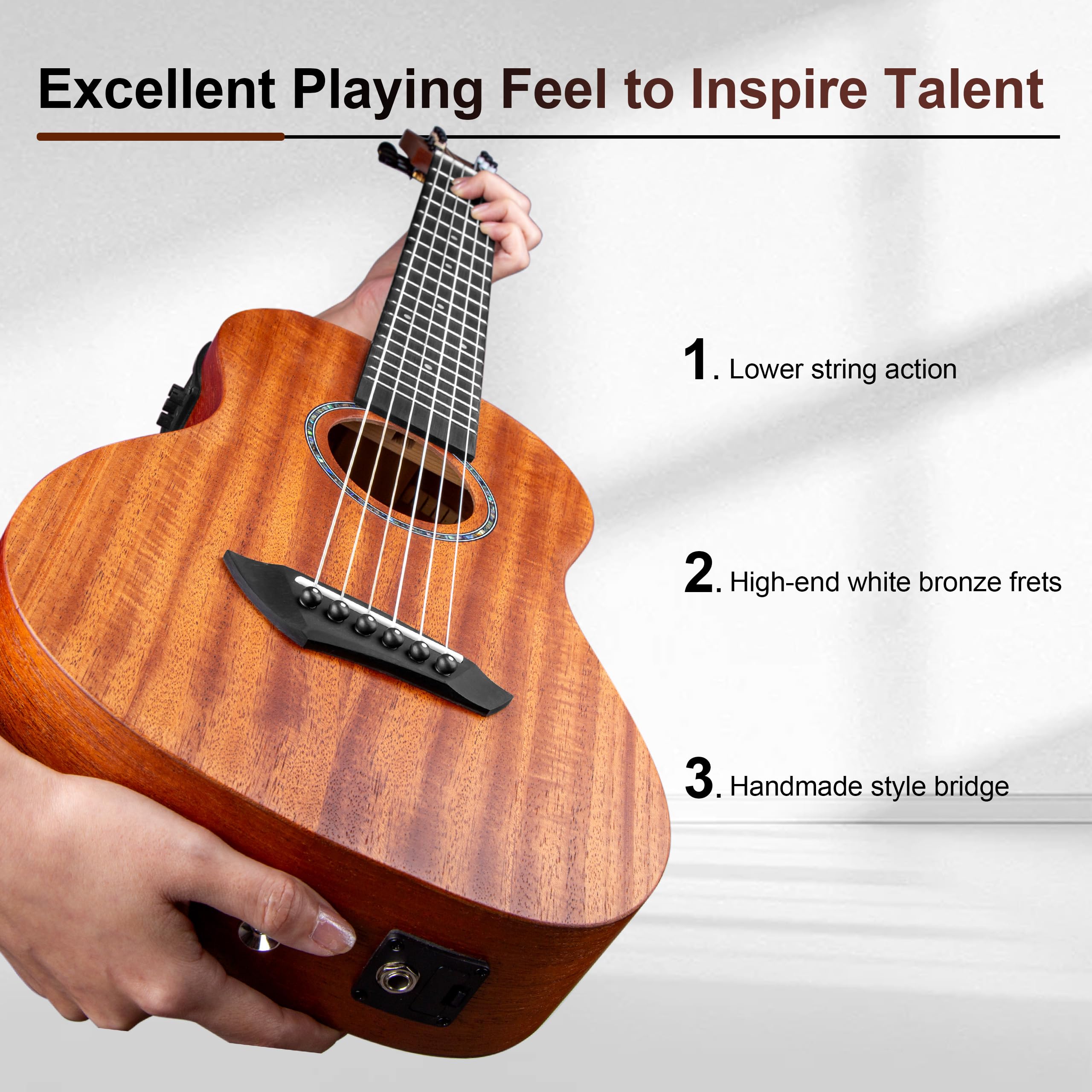 Caramel 30 inch All Solid Mahogany 6 String Electric Guitalele | Wooden LCD color display Small Hawaiian Beginner Guitar Starter Pack Bundle Gig bag StrapStrings Set product thumbnail 5