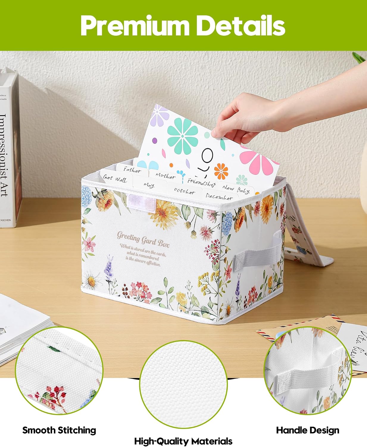 Condition photo showing New/Like New for greeting card organizer box with 13 removable dividers, oxford cloth card organizer with transparent lid, store 140+ cards for photos, stamp, crafts, envelopes, sticker, scrapbooking