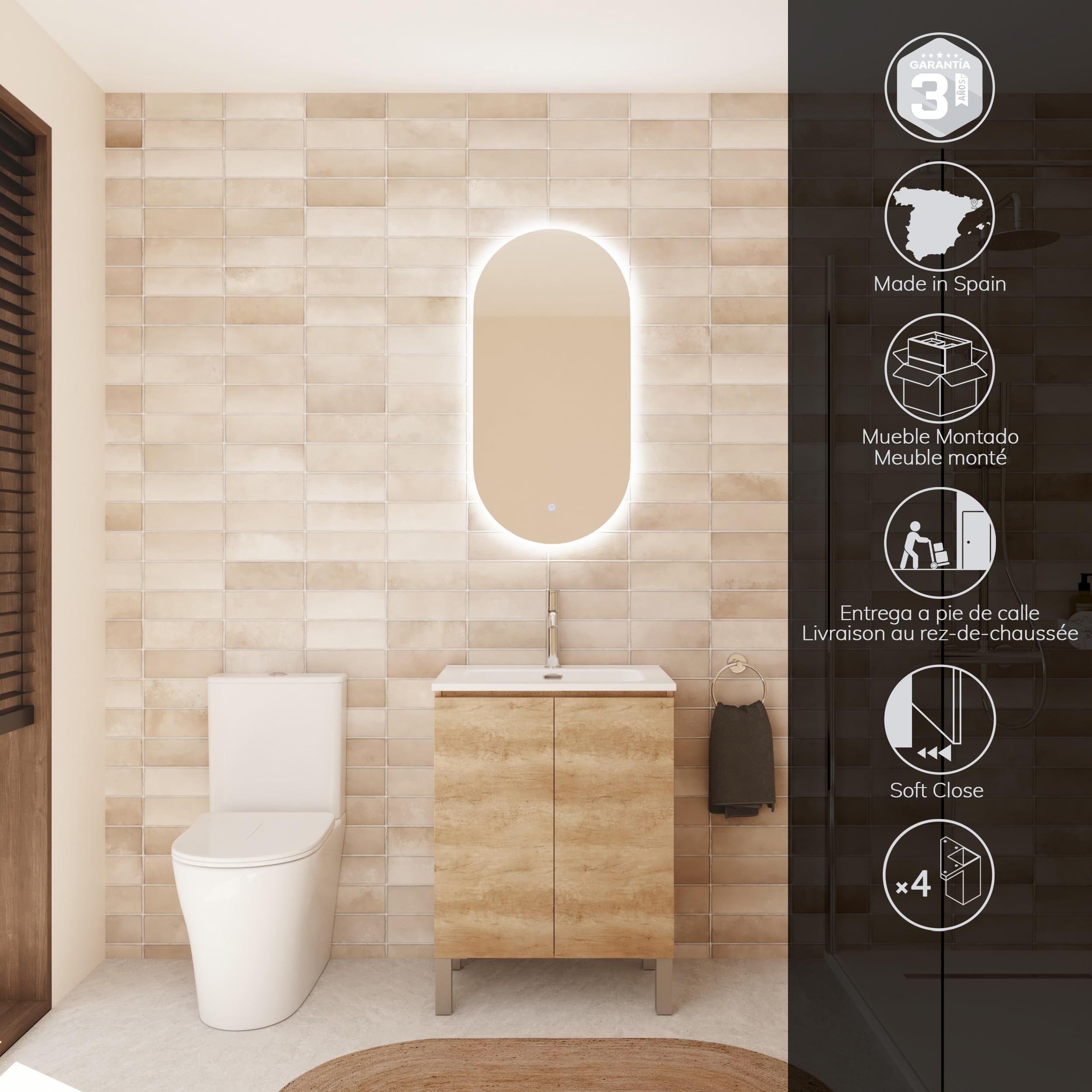 Baikal Mueble de Baño Nook. Mueble MONTADO. 60cm Nature 2 Puertas. Cierre Amortiguado. Patas Cromadas. Armario de Baño. Incluye Lavabo Ceramico