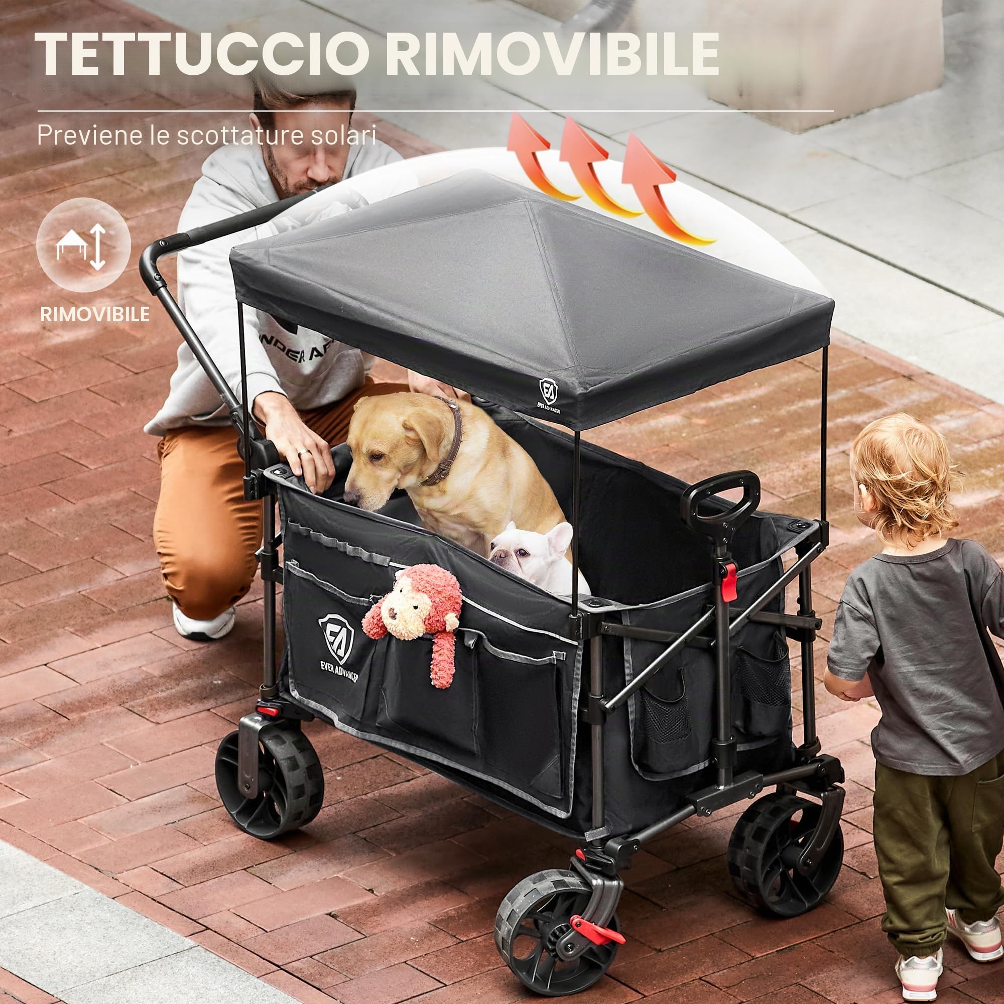 EVER ADVANCED Carrello XXL pieghevole da 225 l fino a 150 kg con freno, carrello scorrevole e tirato, pieghevole, 20 x 8 cm, ruote di larghezza per campeggio, spiaggia, shopping animali
