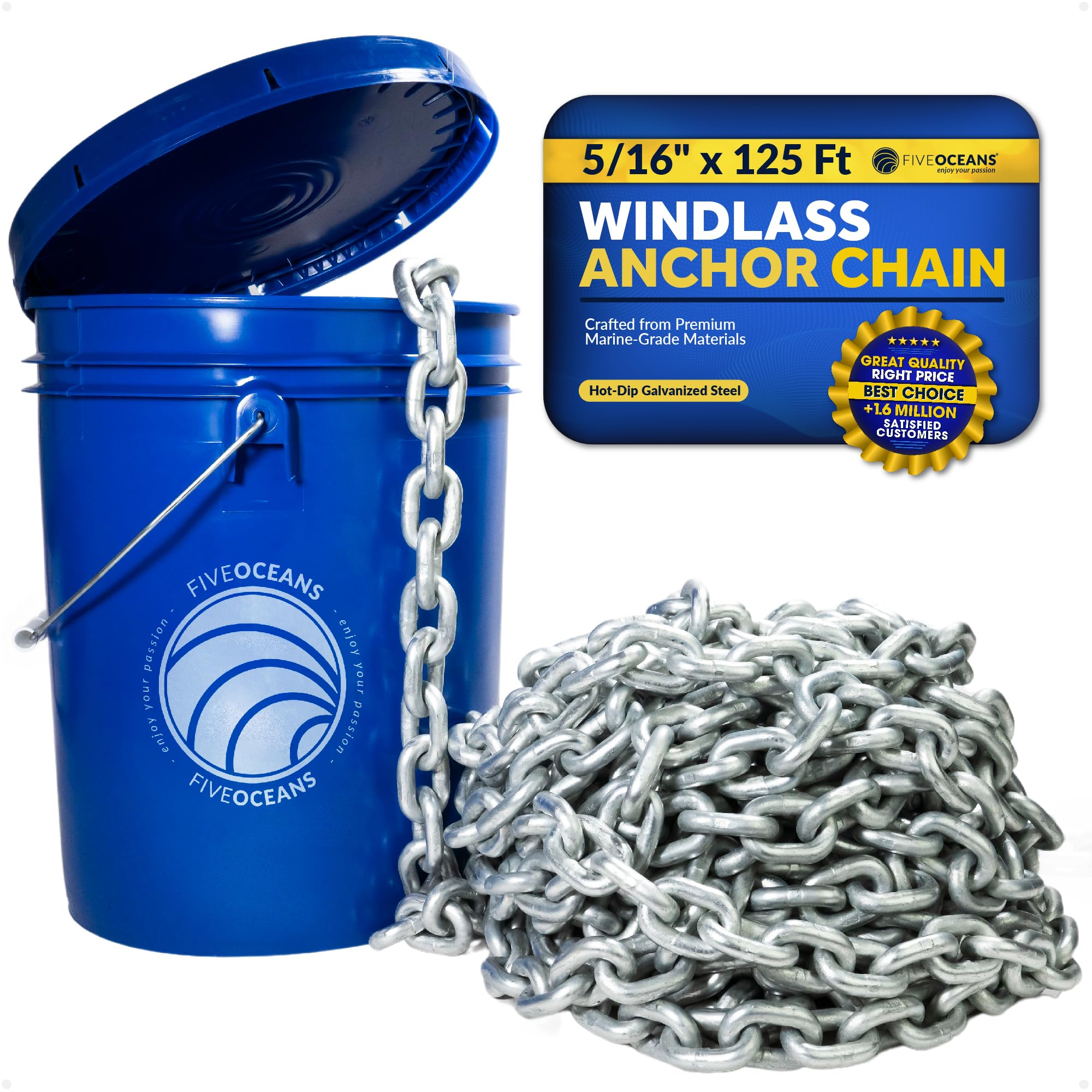 Five Oceans Marine Grade Windlass Anchor Chain for Boats, 5/16 inch x 125 Ft. Grade 43 HT G4, High Test Hot-Dipped Galvanized Chain for Boat Anchor Windlass System - FO4490-M125