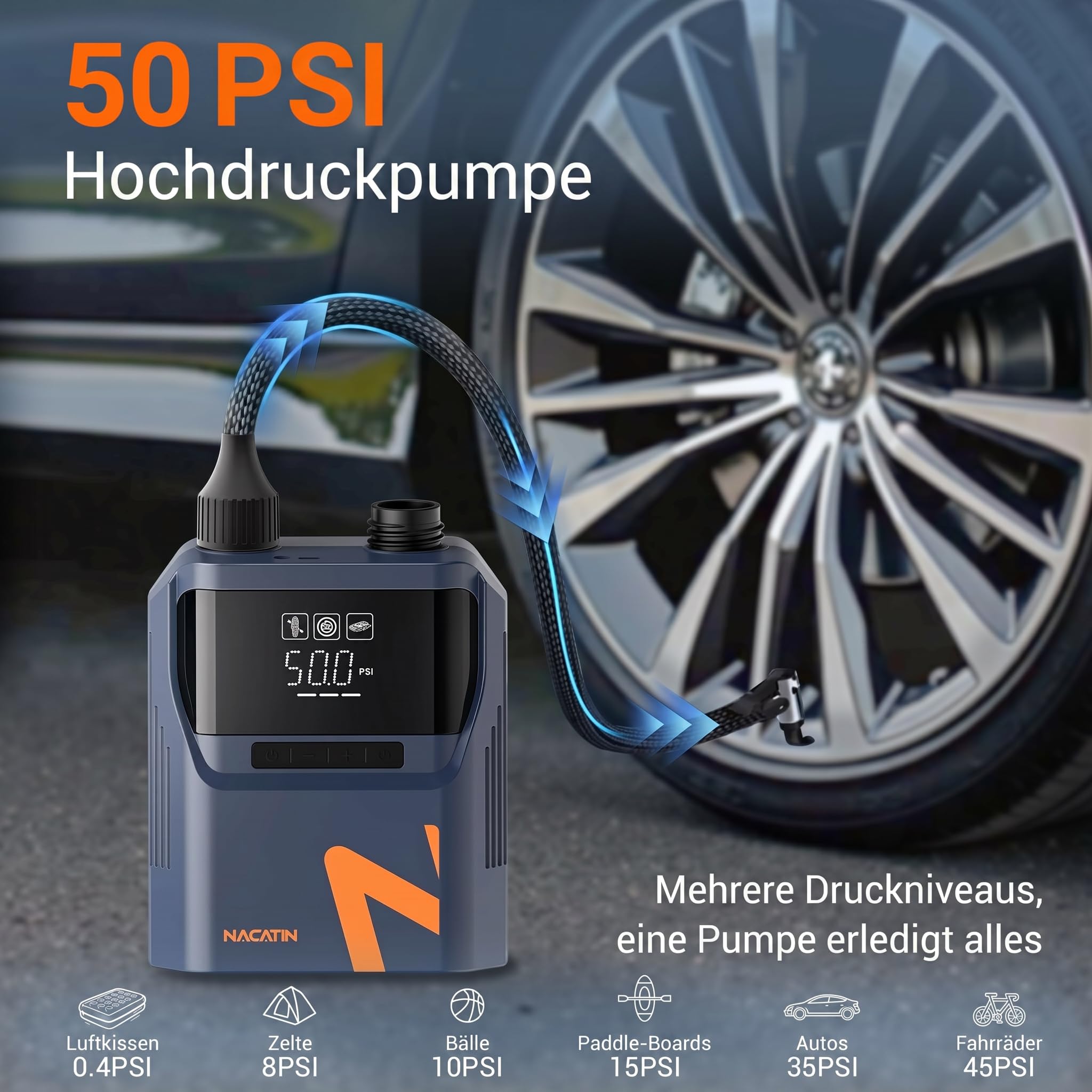 NACATIN 50PSI Elektrische SUP Pumpe, Wiederaufladbare Paddle Board Pumpe mit 5200mAh Akku & 12V Autoanschluss, Zweistufige Schnellinflation & Auto-Off, 6 Düsen für Schlauchboote, Autoreifen