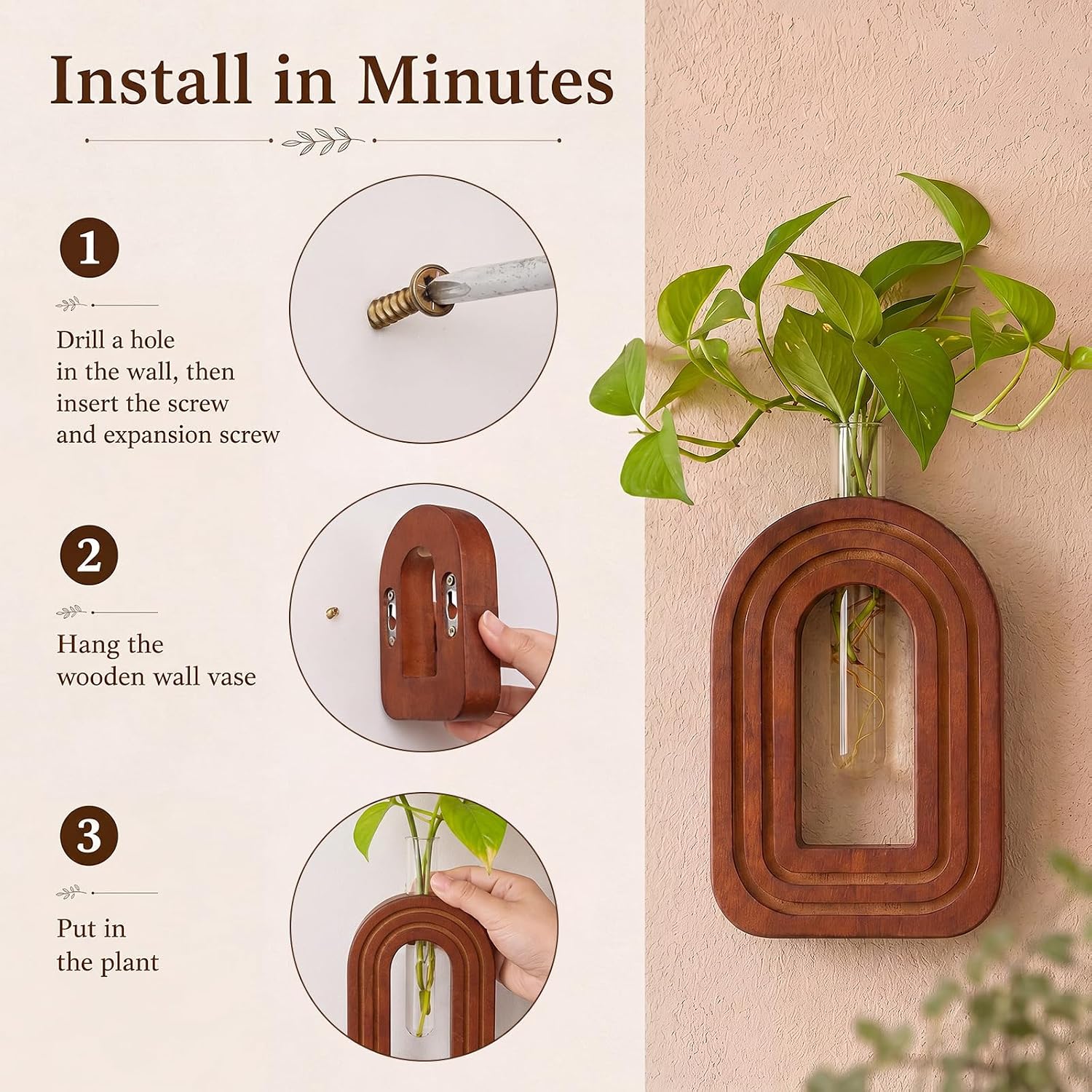 Capoda 3 Pack Wood Wall Planter Arch Propagation Station Wooden Hanging Vase with Glass Tube Boho Rustic Farmhouse Wall Decoration for Indoor Living Room Bedroom Bathroom (Dark Brown)