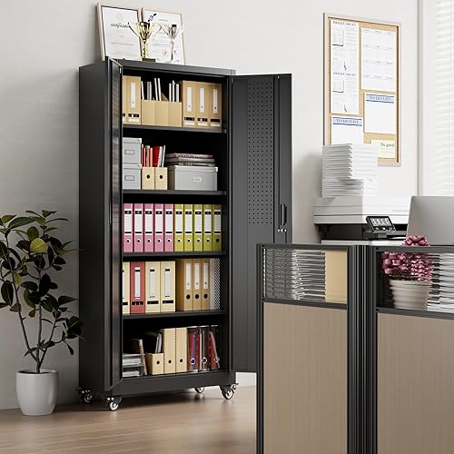 Miniatura 15 de Armario de almacenamiento de metal con tablero de clavijas de 31.5 x 31.5 x 16.5 pulgadas, armario de almacenamiento de acero con cerradura con 5