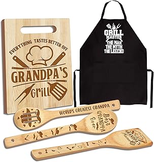 Grandpa Gifts, Christmas Grandpa Gifts from Grandkids, Wooden Cutting Board Utensils Set with Apron Grandparents, Fathers Day Birthday Kitchen Set