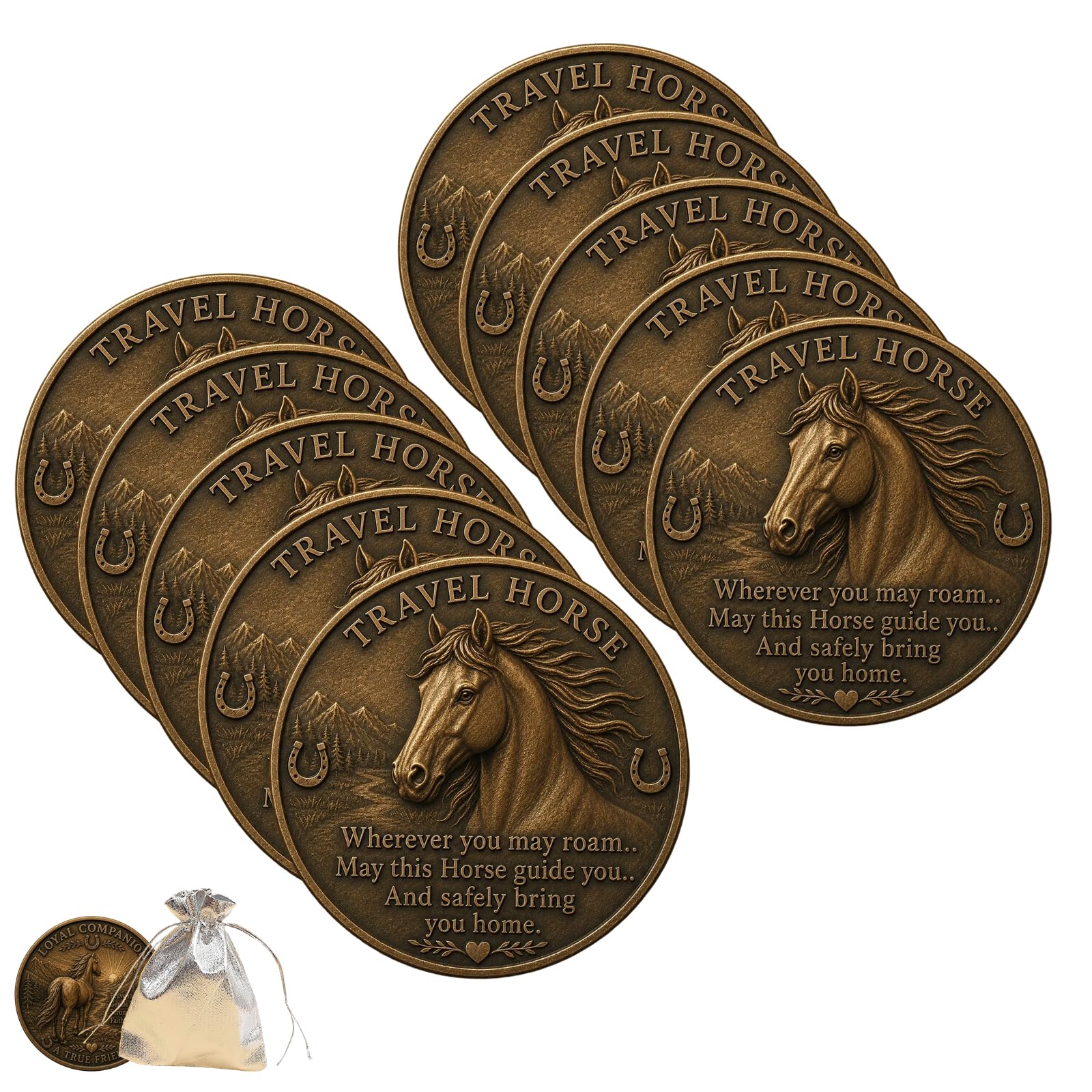 Moneda De La Suerte Con Caballo Para Viajes, Moneda Suerte Con Caballo, Ficha De Bolsillo Mensaje Grabado, Grabada Lemas Inspiradores. Perfecta Viajeros, Amantes Caballos Y Aventureros (A,10 PCS)