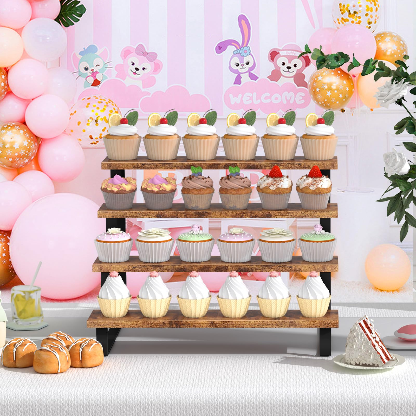 ELITEROO Cupcake-Präsentationsständer, 4 Etagen, Dessertständer aus Holz, Keks-Leckerli-Ständer für Dessert-Tisch-Set, Lebensmittel-Display-Risers für Party, Hochzeit, Dekoration, Geburtstag