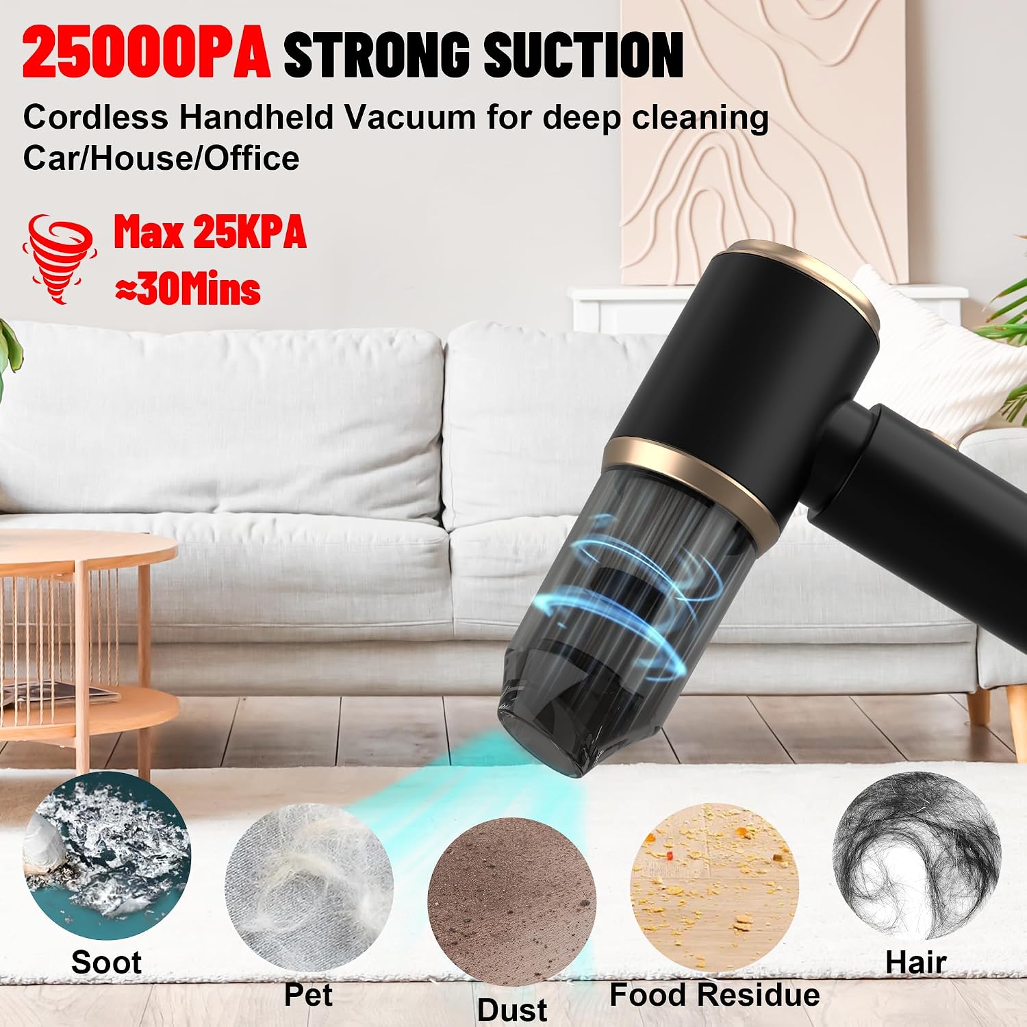 Cozylady Handheld Car Vacuum Portable Cordless, 30000PA High Power 4 in 1 Vacuum Cleaner & Air Duster & Air Blower with 4000mAh Brushless Motor and Multi-Nozzles for Car, Home, Office, Camping, Pet