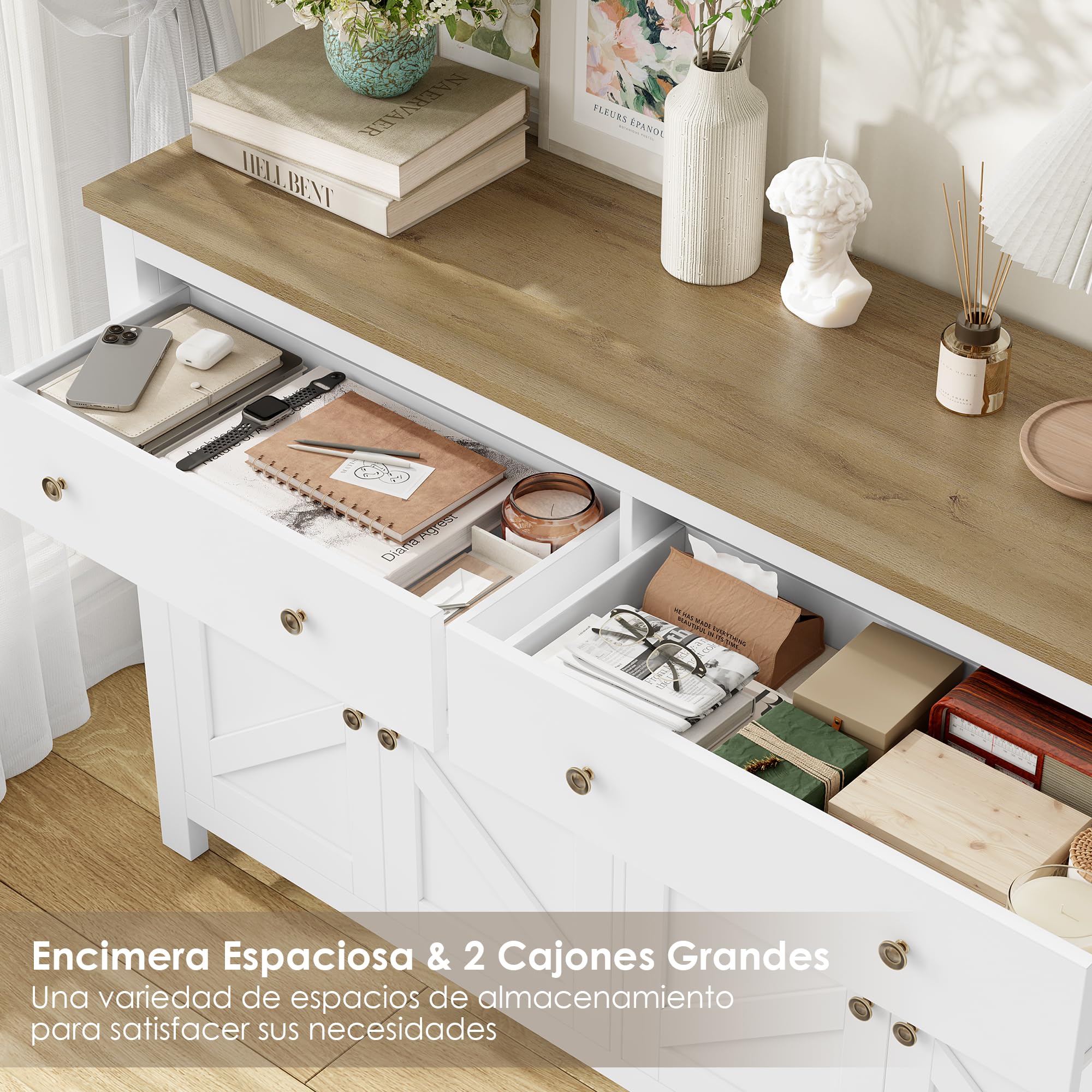 FirFurd Aparador Cocina Aparador Comedor Grande 2 Cajones 4 Puertas Blanco | Mueble Auxiliar de Cocina, Mueble Aparadores Salon con Encimera, 2 Estantes Ajustables 140x40x89cm