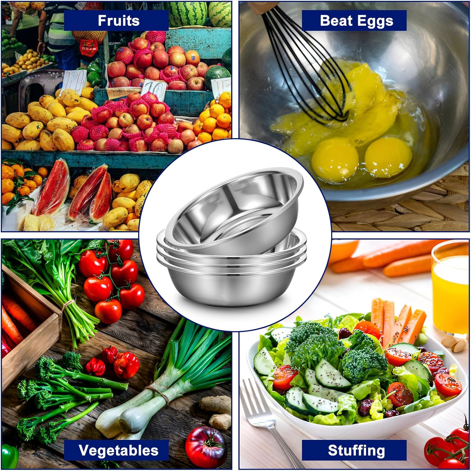 4 Packs Large Stainless Steel Mixing Bowl,Metal Mixing Bowls Prep Bowls,Extra Large Basin Salad Basin Deeper Edge Dishwasher Safe Mirror Finish for Home and Commercial (13 Inch 8 Qt)