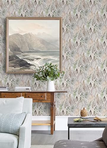 Miniatura 2 de RoomMates RMK12331PLW - Papel tapiz de mosaico de árbol de acuarela gris pardo, color beige y gris