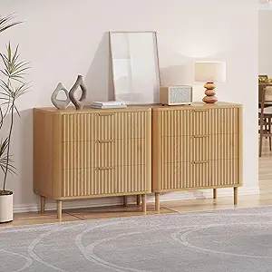 DWVO 3 Fluted Drawer Dresser Set of 2, 32.5 inch Tall and Wider Modern Dressers Chest of Drawers with Solid Wood Leg, Wood Storage Dresser Nightstand Organizer for Living Rooms,Hallways,Natural Oka