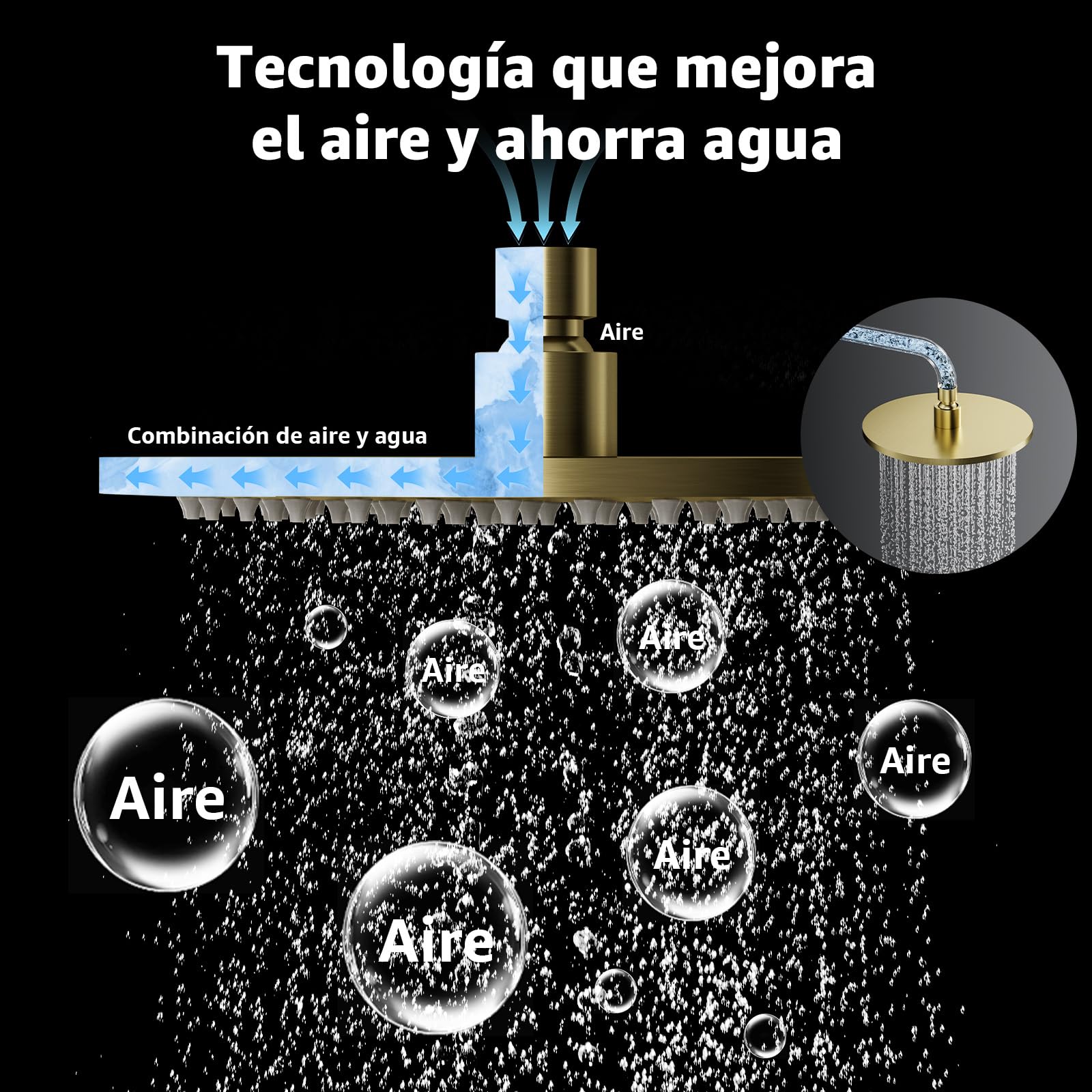 Rociador Para Ducha,Cabezal De Ducha Lluvia, Alcachofa De Ducha De Acero Inoxidable,Rociador De Ducha Antical,Efecto Lluvia,giratorio 360°,8 Pulgadas, G1/2 (Dorado, Redondo)