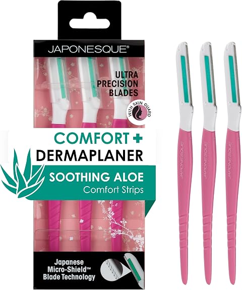 JAPONESQUE Dermaplaner with Soothing Aloe Comfort Strip - Skin Tool with Ultra Precision Blade for Facial Hair Removal and Exfoliation, 3pk.