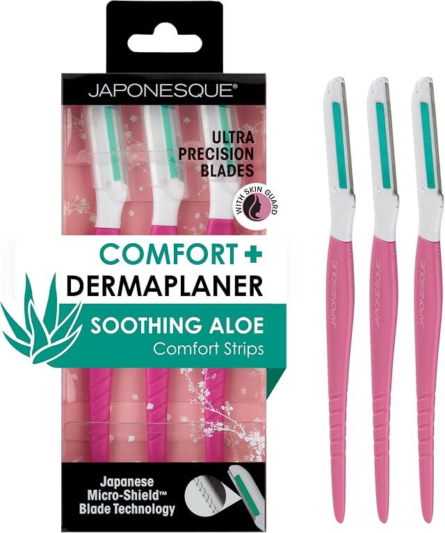 JAPONESQUE Dermaplaner with Soothing Aloe Comfort Strip - Skin Tool with Ultra Precision Blade for Facial Hair Removal and Exfoliation, 3pk.