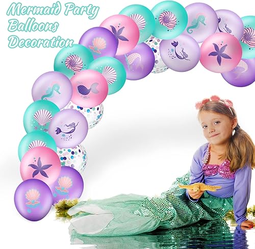 Miniatura 6 de Zomiboo Juego de 36 globos de fiesta de sirena, globos de confeti de sirena, morado, rosa, verde, verde azulado para decoración de cumpleaños