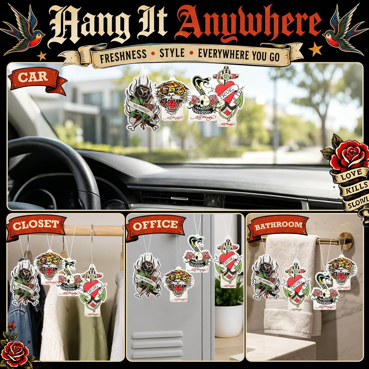 ED HARDY Car Air Fresheners, Assorted 4 Design Hanging Paper Fresheners, Flower, Heart, Snake & Tiger Prints, Cherry, Arctic Noir & New Car Scents, Long-Lasting Freshness, 4 Pack