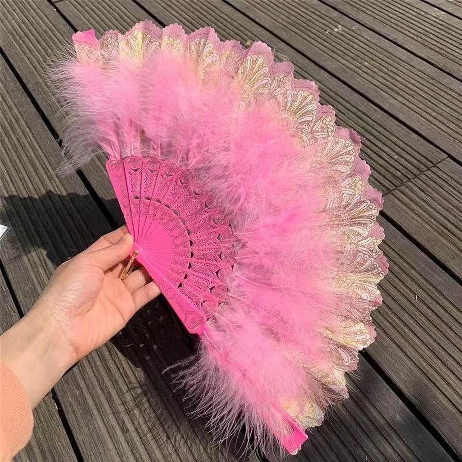 ROHCGHC folding fan, Handheld Feather Fan,Vintage Folding, Dance Hand with Pendant Gift Wedding Party Decoration(Pink)