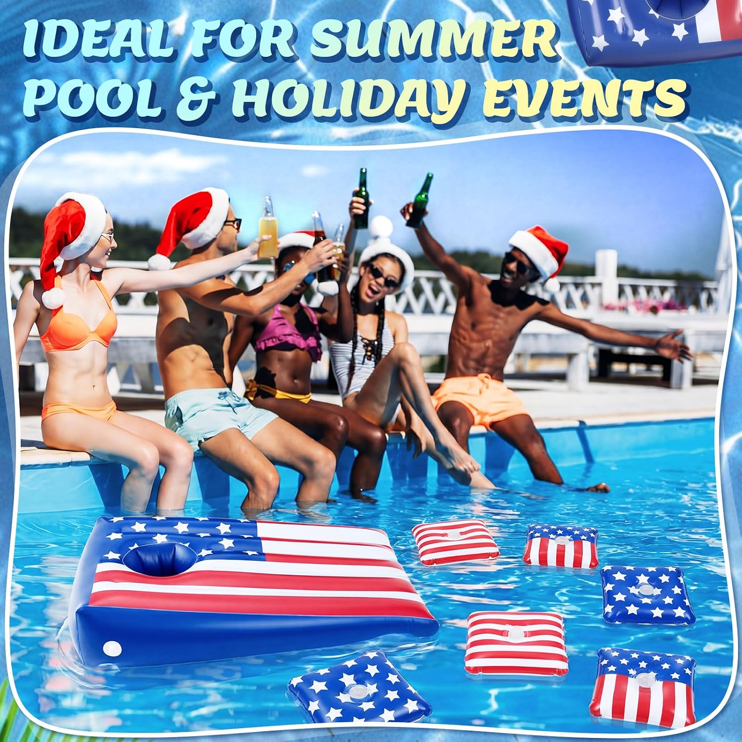 Foilswirl 2 Sets Inflatable Pool Cornhole Game for Summer Independence Day Floating Bean Bag Toss Game with American Flag Theme Family Adult Pool Toy for 4th of July Backyard Beach Outdoor Fun
