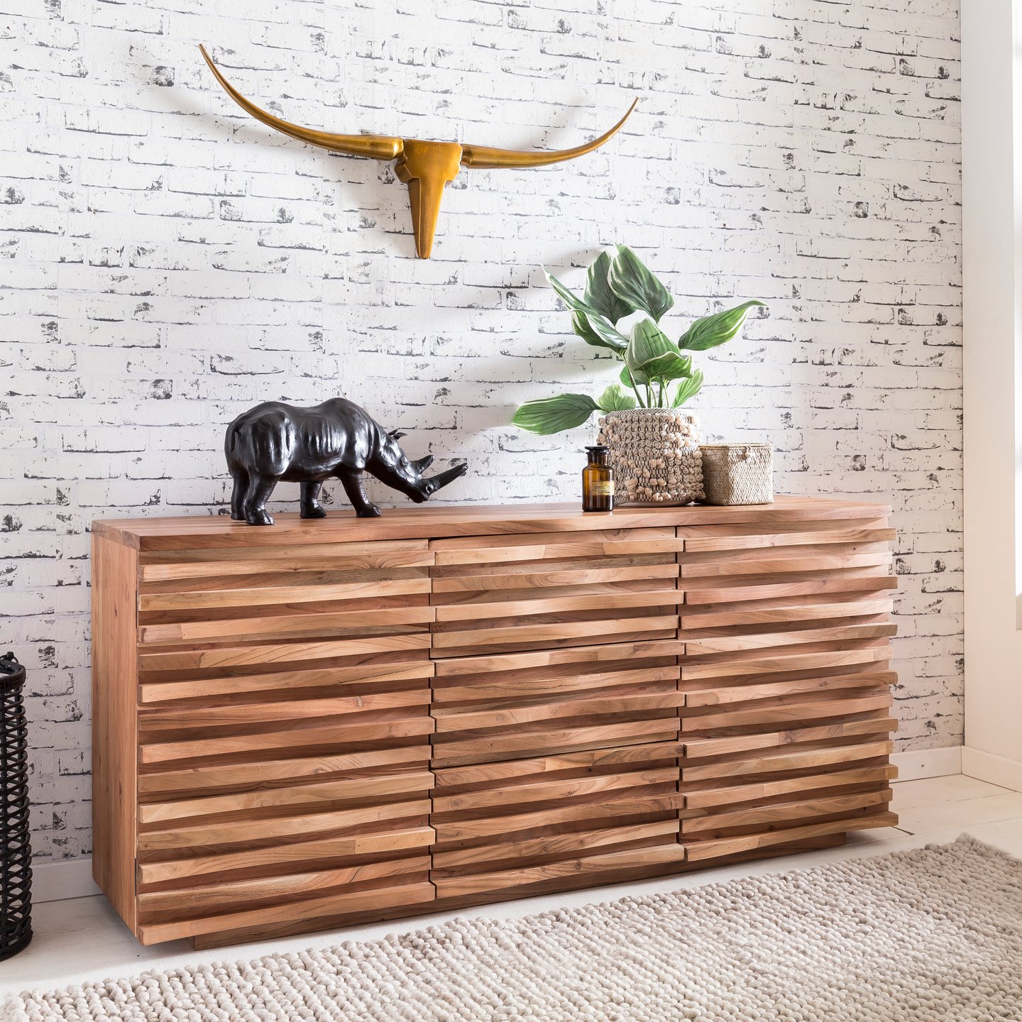 FineBuy Sideboard 160x43x75 cm Akazie Massivholz, 2 Türen und 3 Schubladen