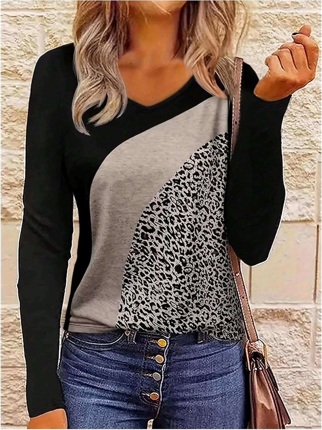 SOLY HUX Women's Leopard Print T Shirt Color Block V Neck Long Sleeve Casual Tee Tops - Image 3