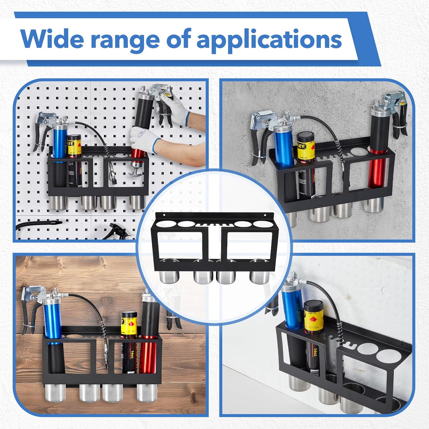 B4B BANG 4 BUCK Grease Gun Holder Compatible with 2 Grease Guns Wall Mount Grease Gun Storage Rack with Stainless Steel Removable Drip Cup and Spare Cartridge Holder