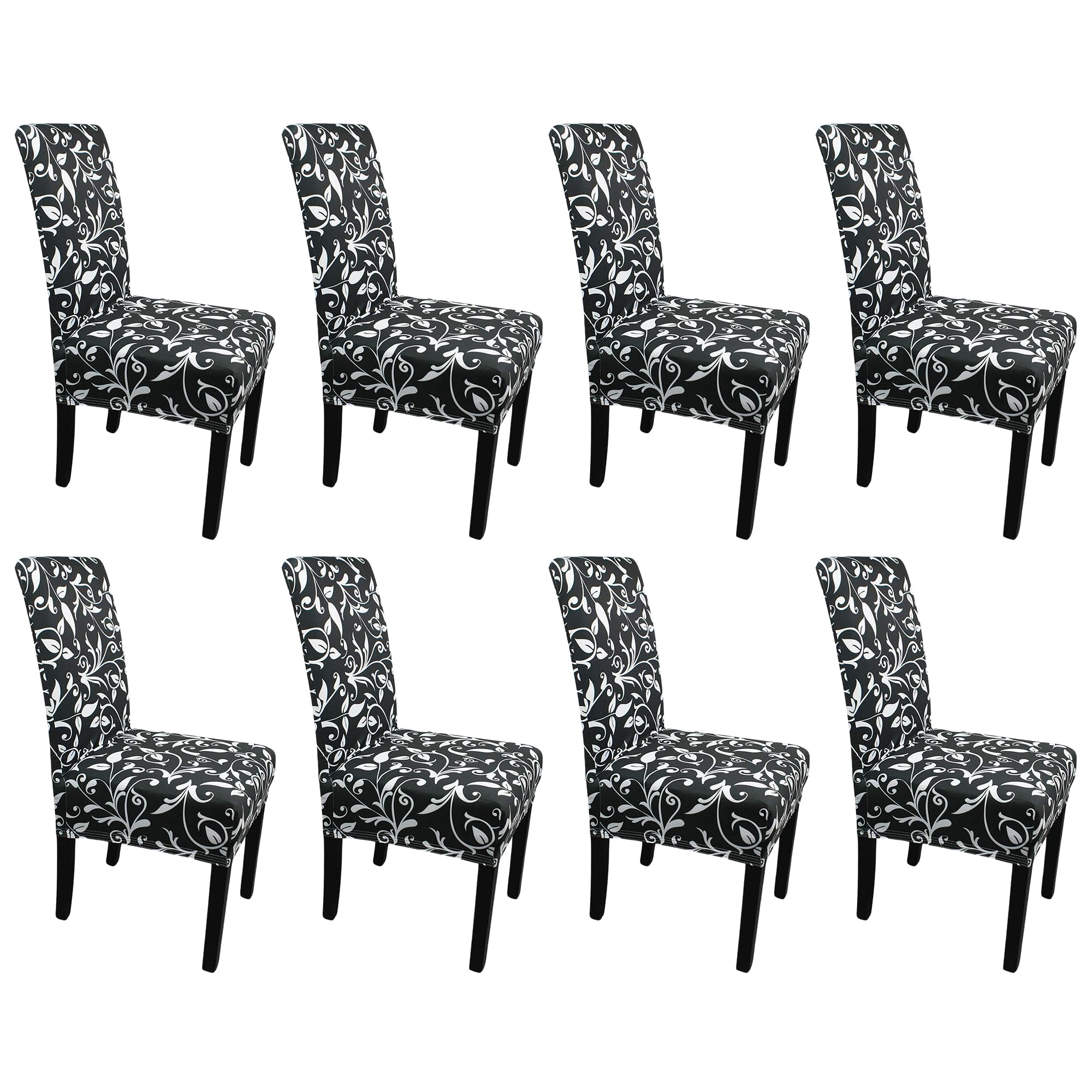 Printed High-Back Chair Covers for Dining Room Chairs – Spandex Stretch, Universal Armless Chair Protective Slipcover for Kitchen, Wedding, Party, Banquet & Hotel, Floral Creeper - Black, Pack of 8