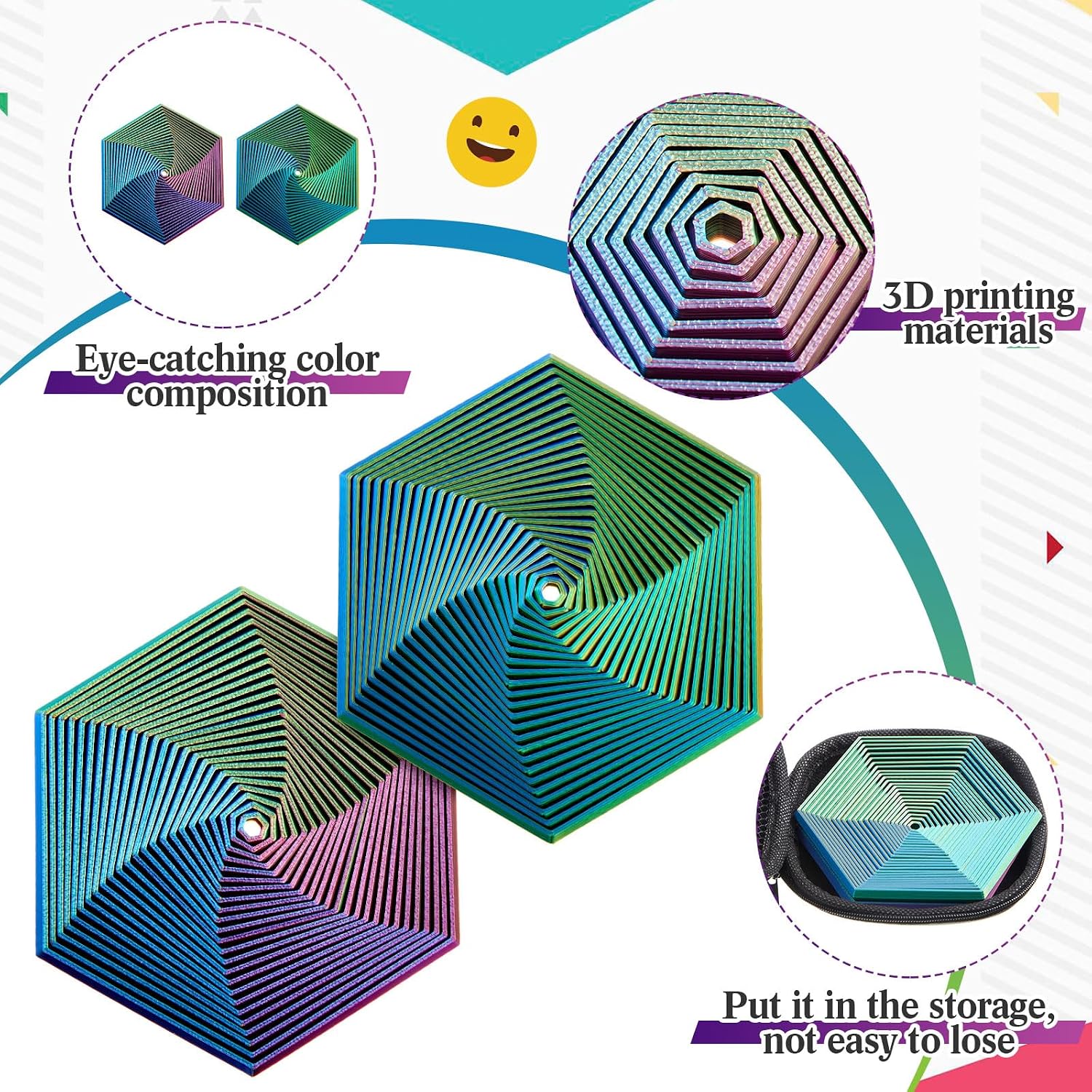 Seenelling 2 Pcs Fractal Fidget Hexagon 4.72 Inch 3D Printed Anti Stress Sensory Tool for Adults Mindful Meditation Tool Geometric Hexagon Spiral for Anxiety Relief Birthday Gift(Multicolor)