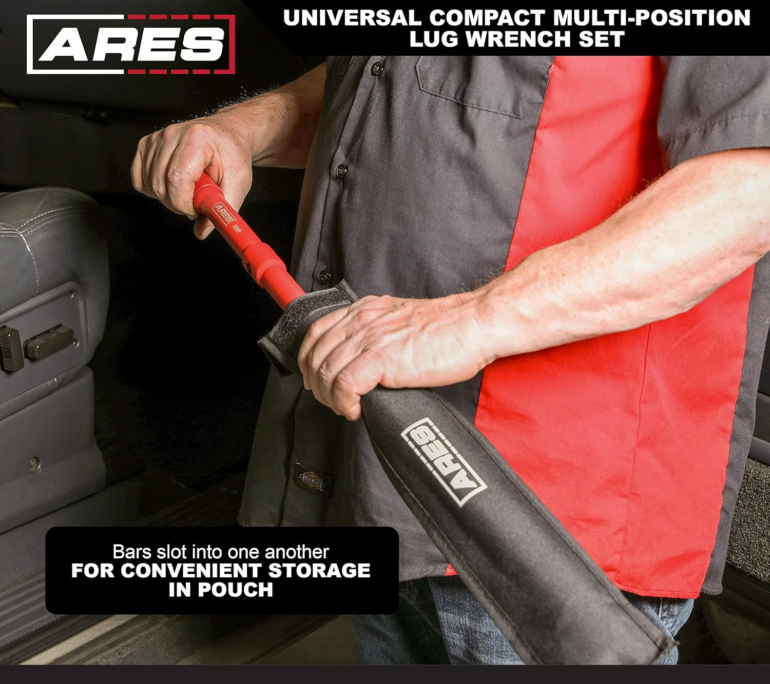ARES 57000 – 26-Inch Universal Multi-Position Lug Wrench Set - 17mm, 19mm, and 21mm Socket Ends – Unique ½-Inch Drive Socket Adapter End – Compact Design with Storage Pouch