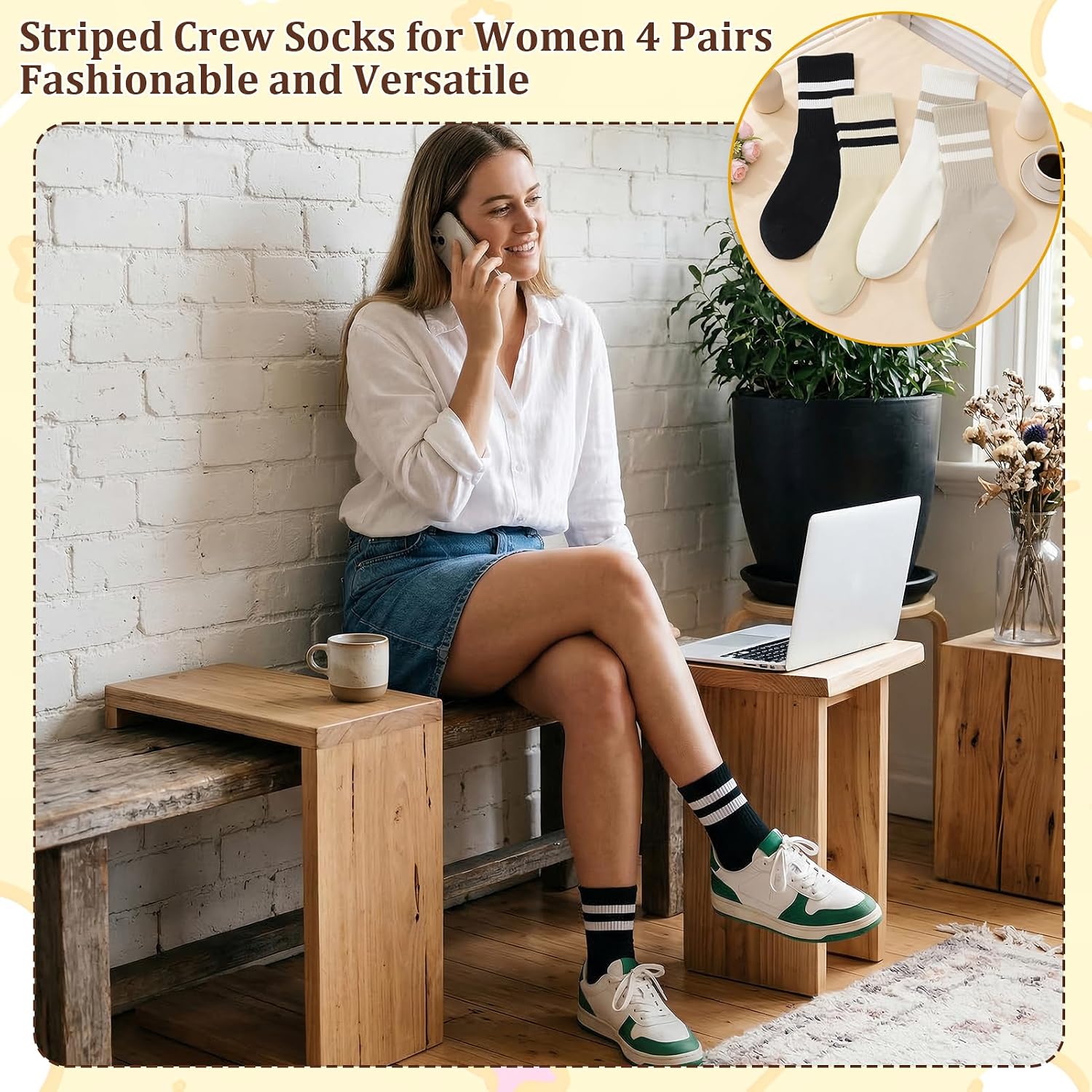 4/6 Pairs Striped Crew Socks Women Casual Classic Retro Striped Socks Crew Athletic Cotton Sock for Women Girls