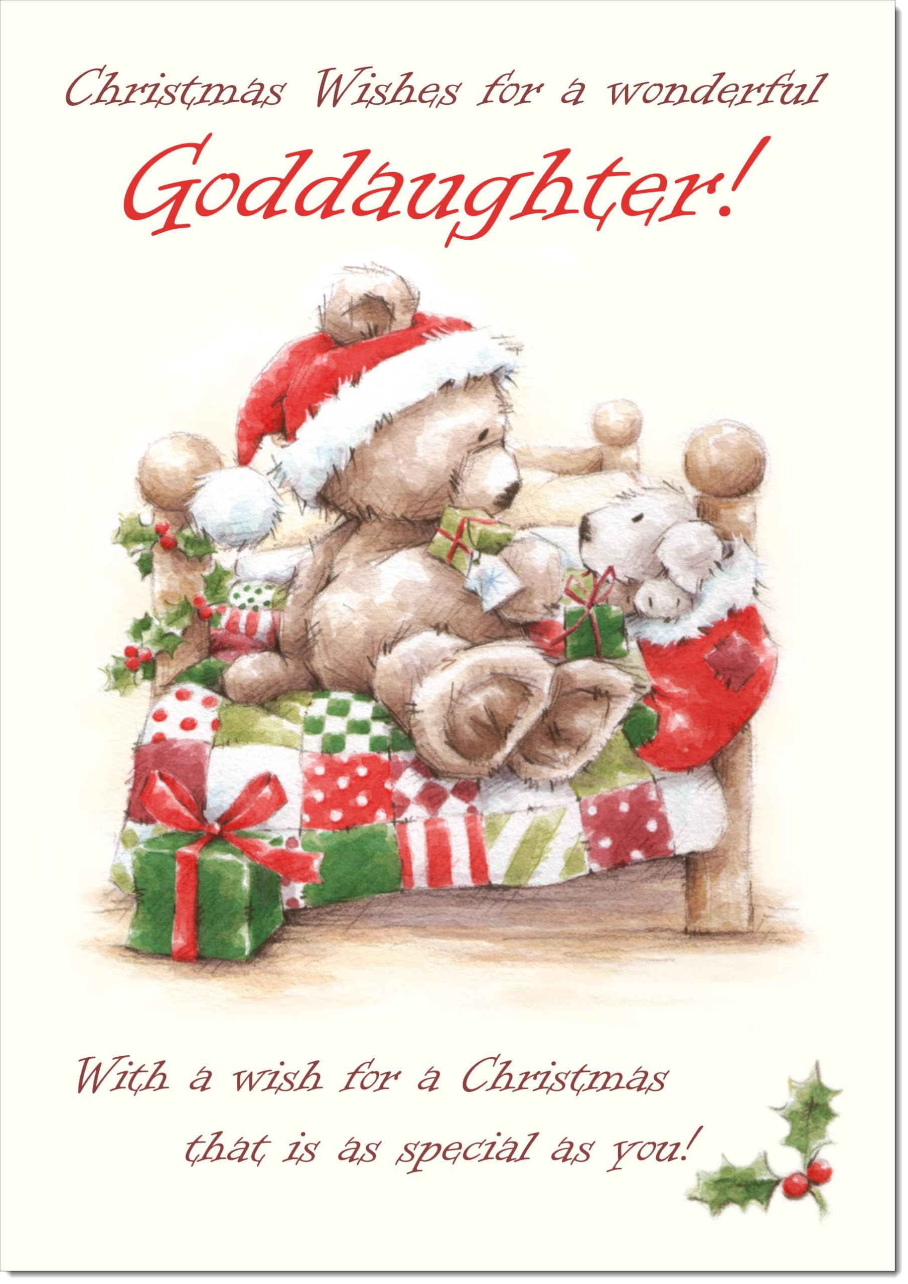 doodlecards Goddaughter Christmas Card Cute Bear on Bed Large A4 Size Christmas Card for Goddaughter with Plain Envelope