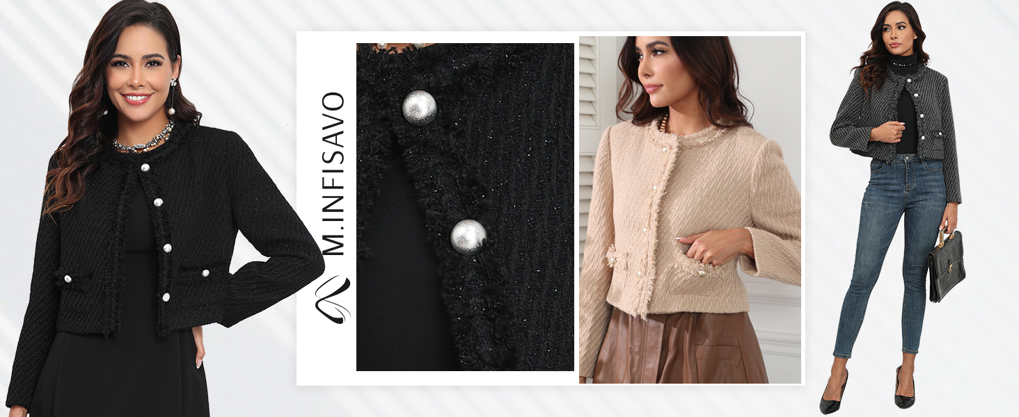 M.Infisavo Tweed Blazer Jackets for Women Fall Winter Long Sleeve