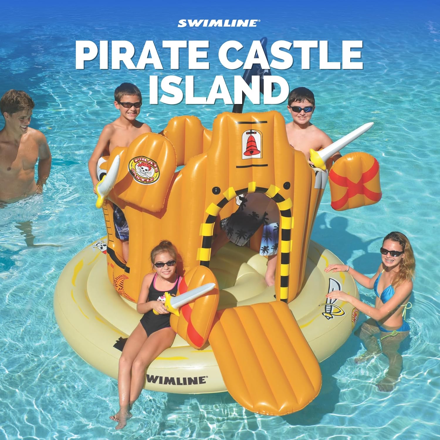 SWIMLINE Giant Inflatable Pirate Castle Pool Float For Kids And Adults Size| Floating Kingdom Raft Lounger Combo With Gate Shield Windows & Accessories For Pools Lakes Beach | Fits Up To 4 People